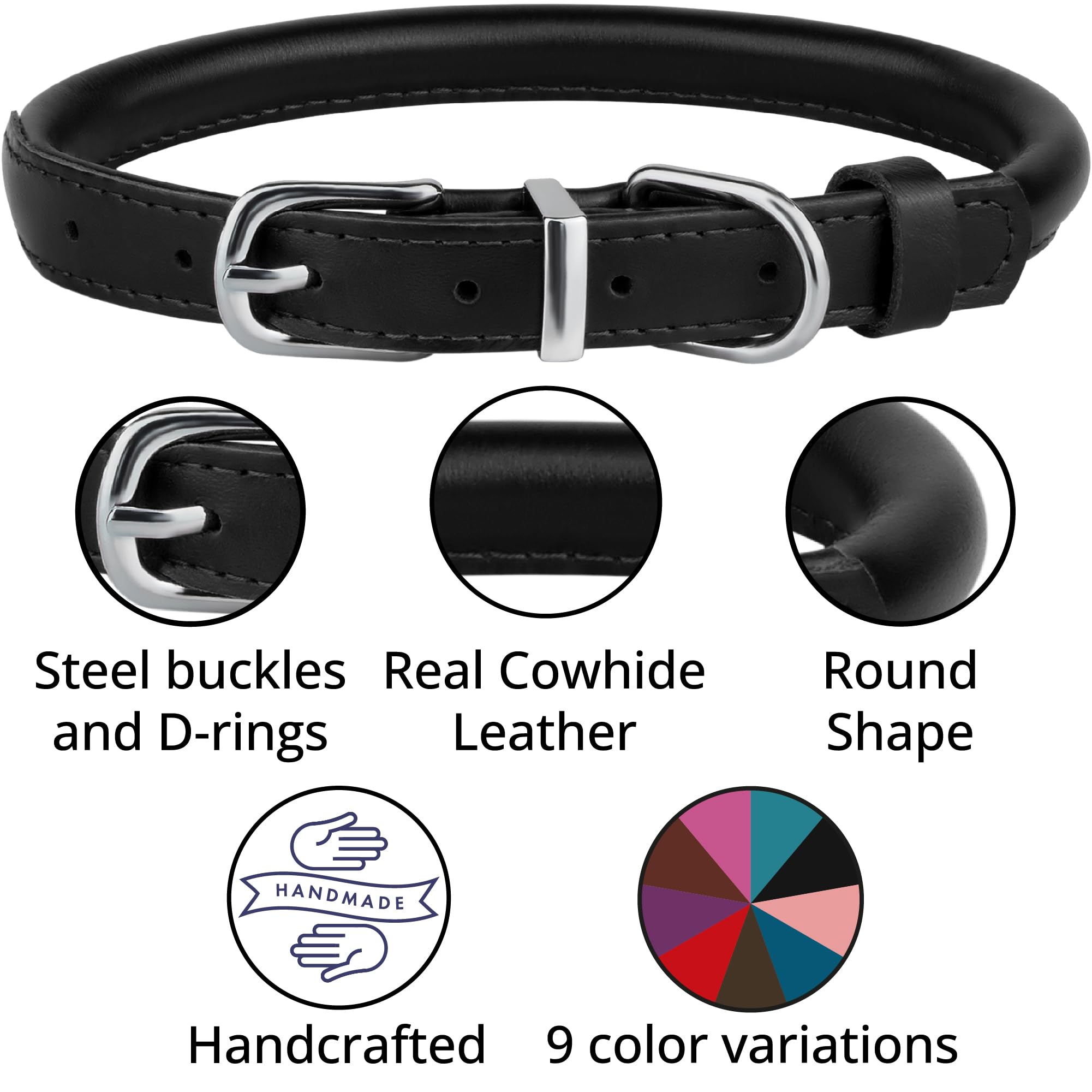 Bronzedog Rolled Leather Dog Collar For Small Medium Large Dogs With Qr Id Tag (Xs: 9-11 Inch, Glossy Black)