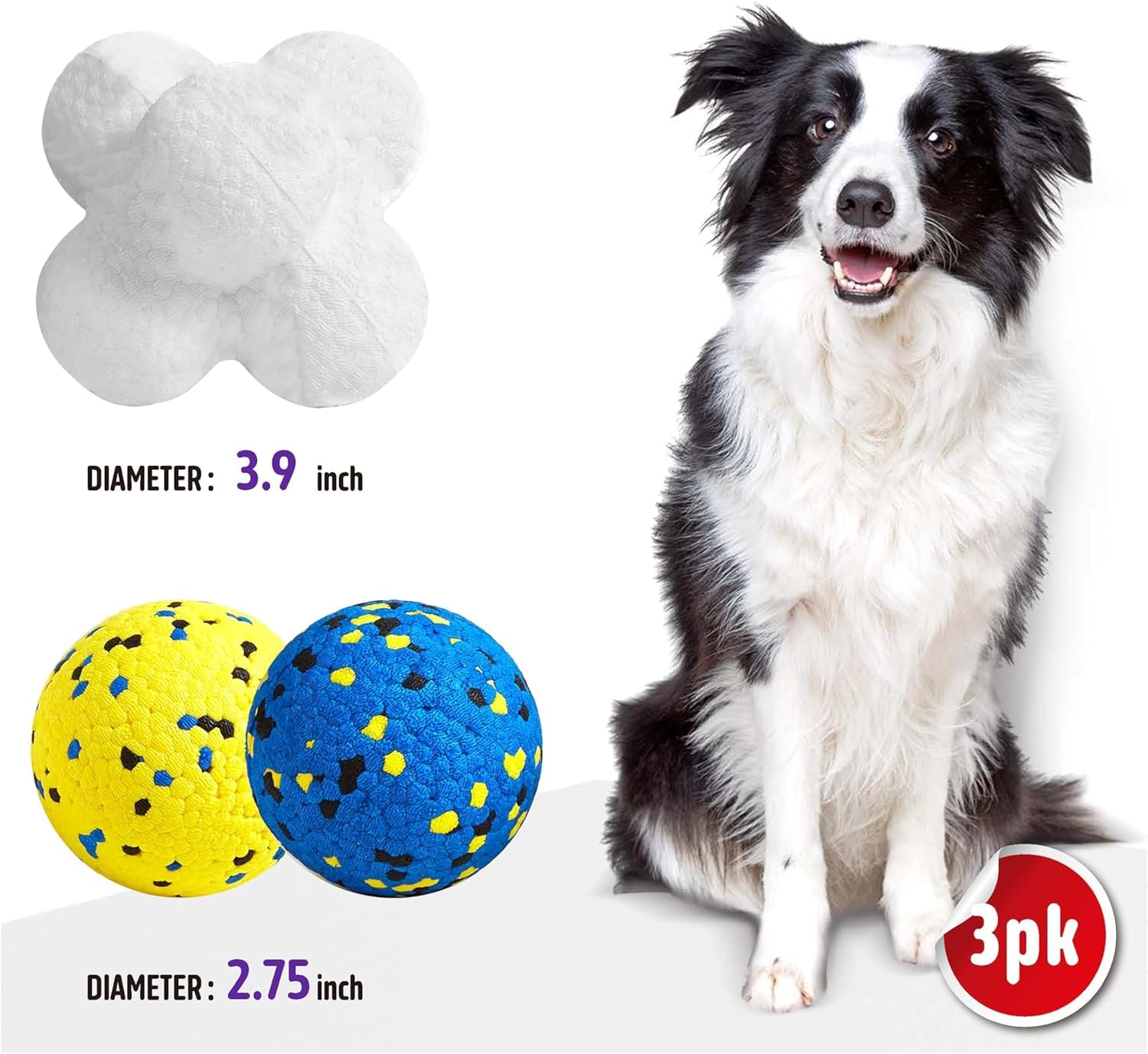 Kimee Durable Dog Chew Balls - Aggressive Chewers, ETPU Material, 3 Pack, Blue & Yellow, Ideal for Medium & Large Dogs