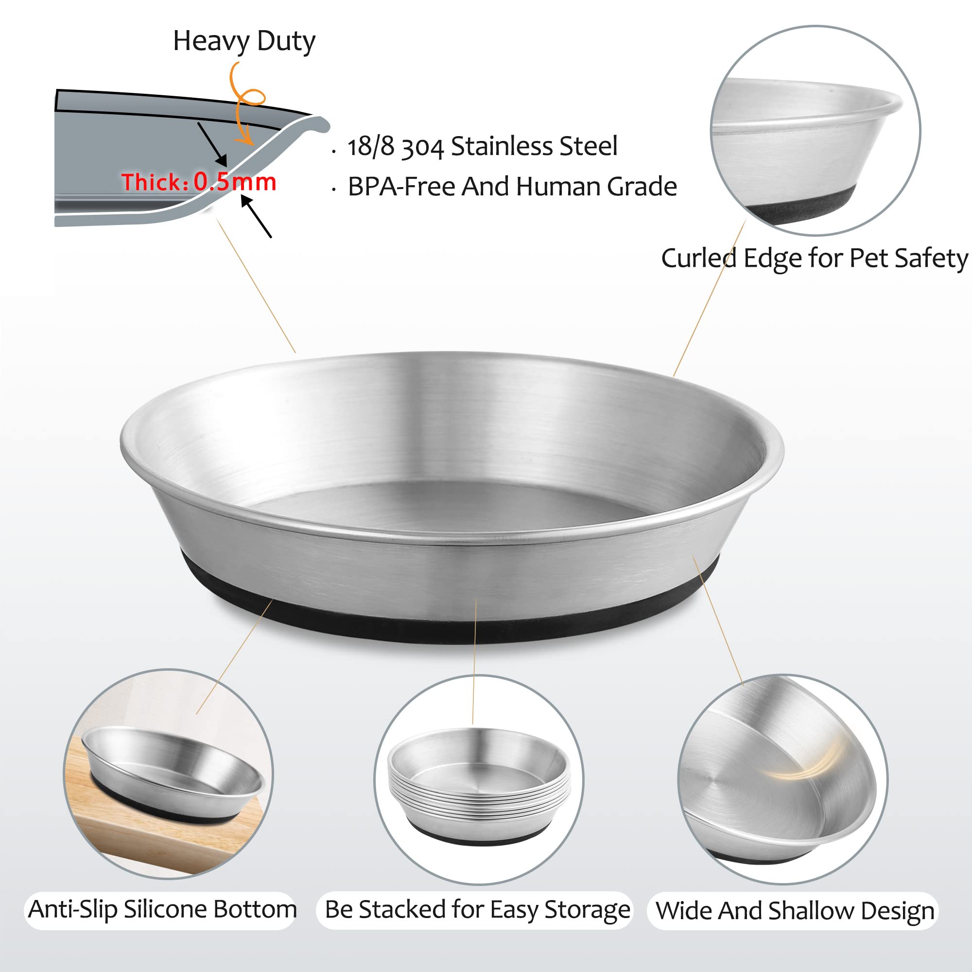 WROSWT Stainless Steel Cat Bowls,Whisker Friendly Shallow Cat Dishes for Food and Water,Non-Slip Silicone Bottom,Heavy Duty,Repl