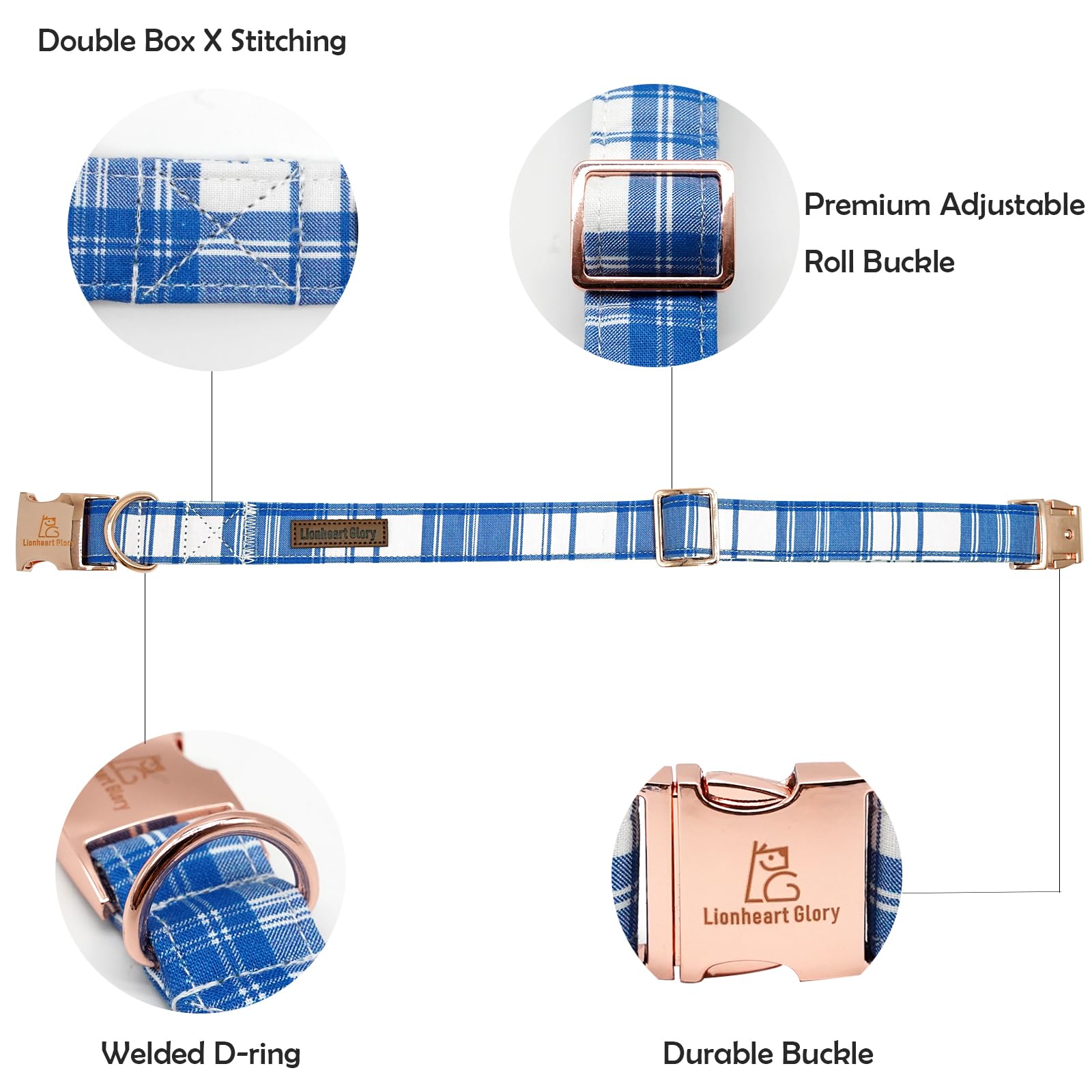 Lionheart Glory Adjustable Blue Plaid Heavy Duty Dog Collar For Large Dogs