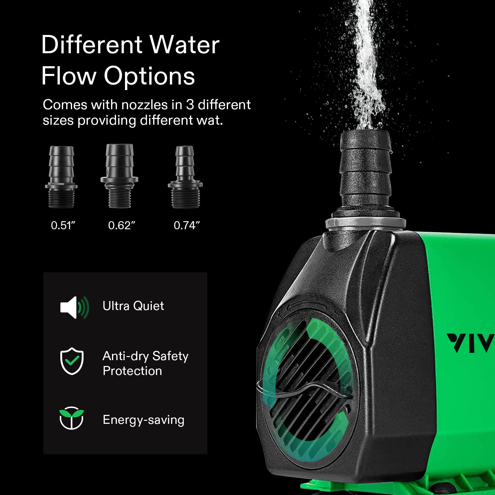 Vivosun 800Gph Submersible Pump(3000L/H, 24W), Ultra Quiet Water Fountain Pump With 10Ft. High Lift With 6.5Ft. Power Cord, 3 Nozzles For Fish Tank, Pond, Aquarium, Statuary, Hydroponics Green