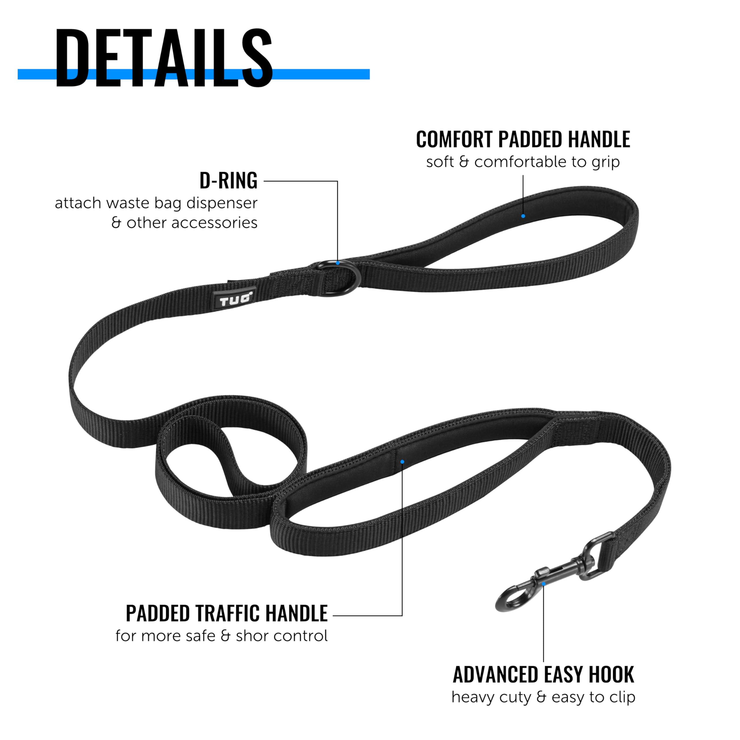 Tug 5 Ft Heavy Duty Dog Leash With Padded Traffic Handle | For Large & Medium Breed Dogs (Black)