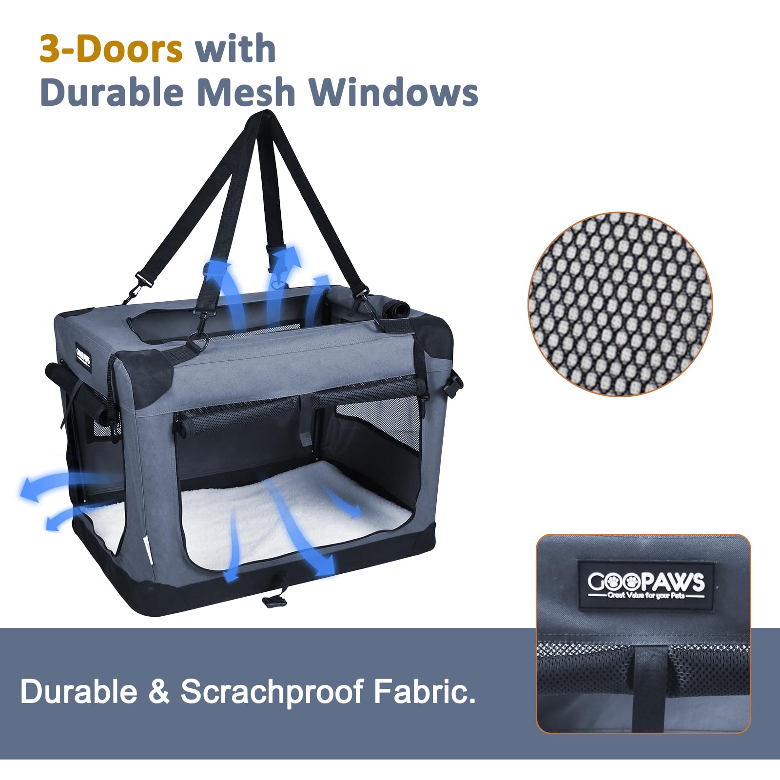 Jespet 27'' Soft Dog Crates Kennel For Pets, 3 Door Soft Sided Folding Travel Pet Carrier With Straps And Fleece Mat For Dogs, C