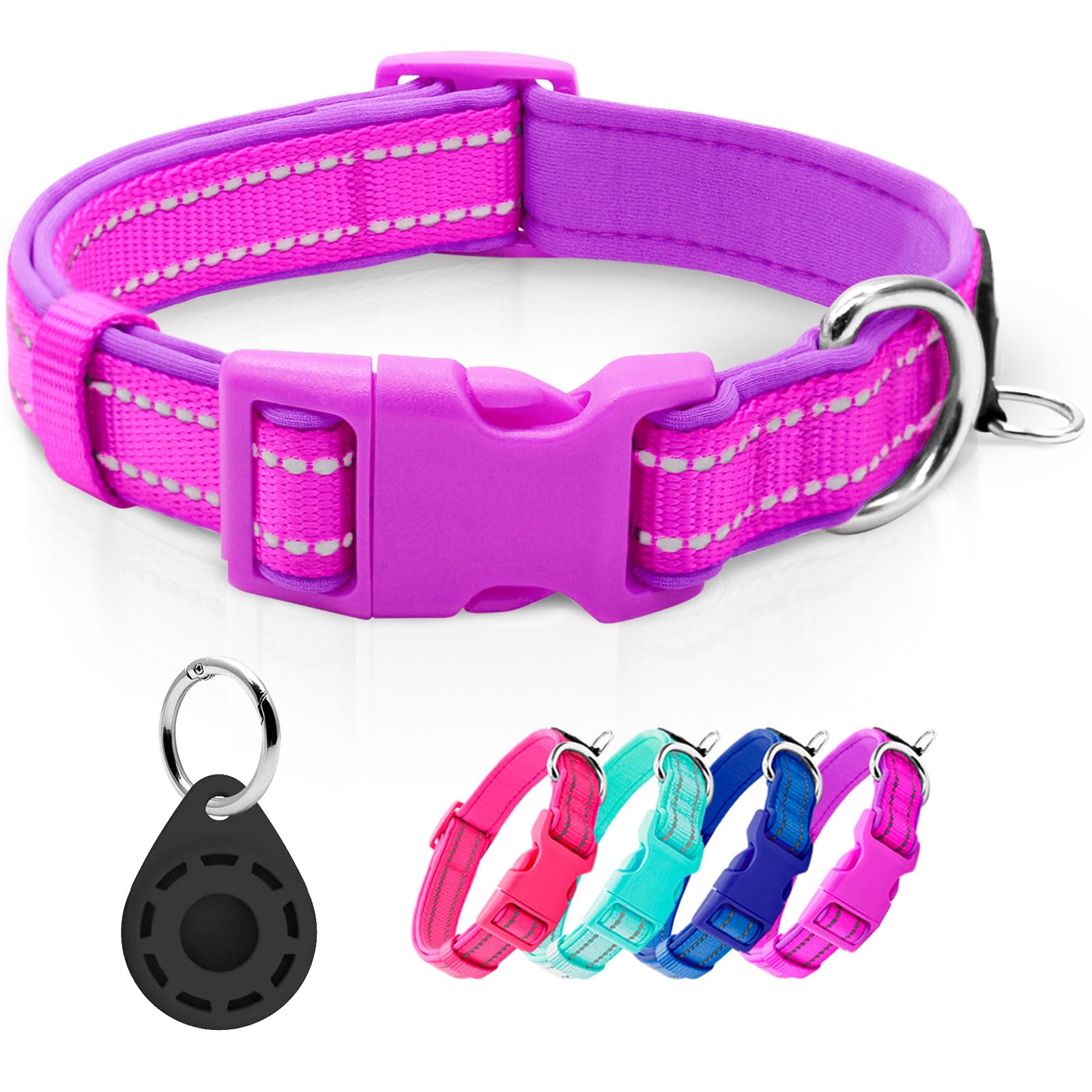 Azuza Reflective Dog Collar With Airtag Holder, Soft Neoprene Padded Pet Collar With Id Tag Ring, Adjustable For Puppy And Small
