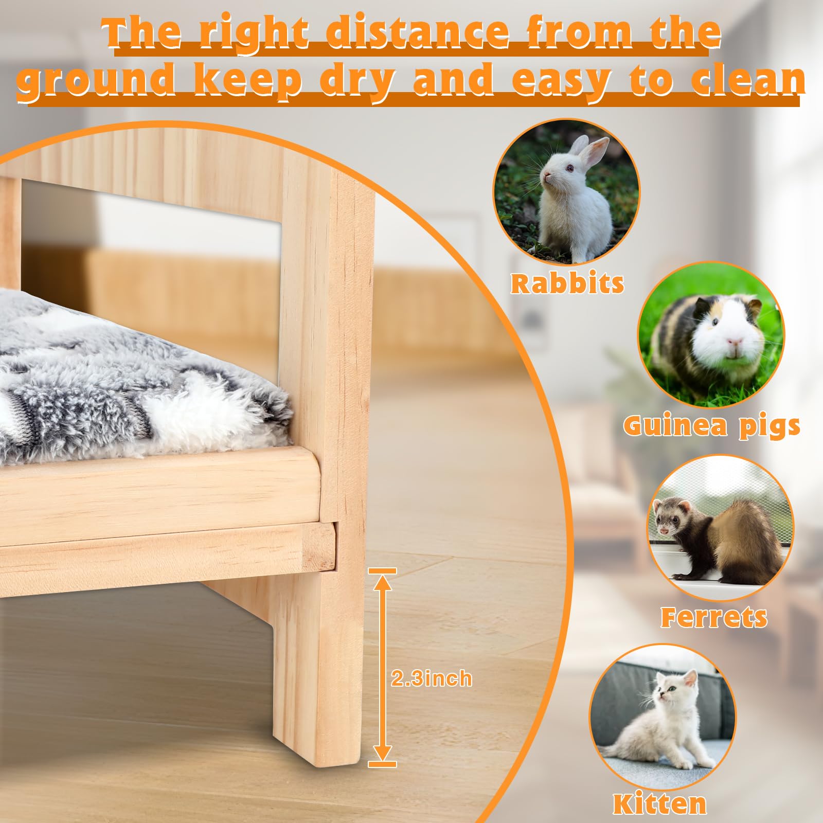Bwogue Large Wooden Rabbit Bed, 2 In 1 Folding Wooden Pet Bed With Removable Cushion Small Animals Bed For Rabbits Bunny Guinea