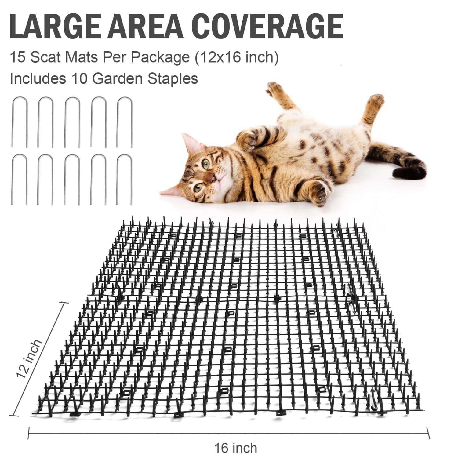 Pomeat Cat Scat Mat 15 PCS with Spikes, 16x12'', Plastic, Black, Cat Deterrent for Outdoor and Indoor Use, Model LCNEMIJDA1