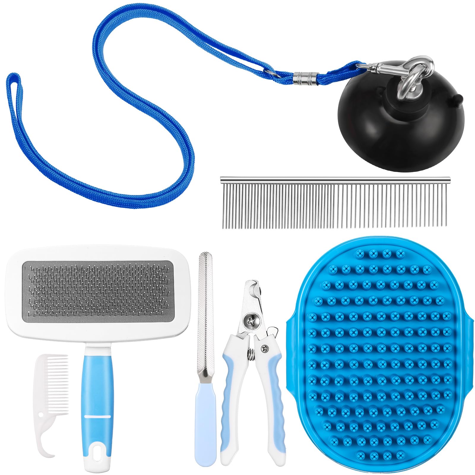 Baderke 6 Pcs Dog Grooming Set With Dog Bathing Leash With Suction Cup, Pin Comb, Straight Comb, Nail Clippers Set, And Bath Bru