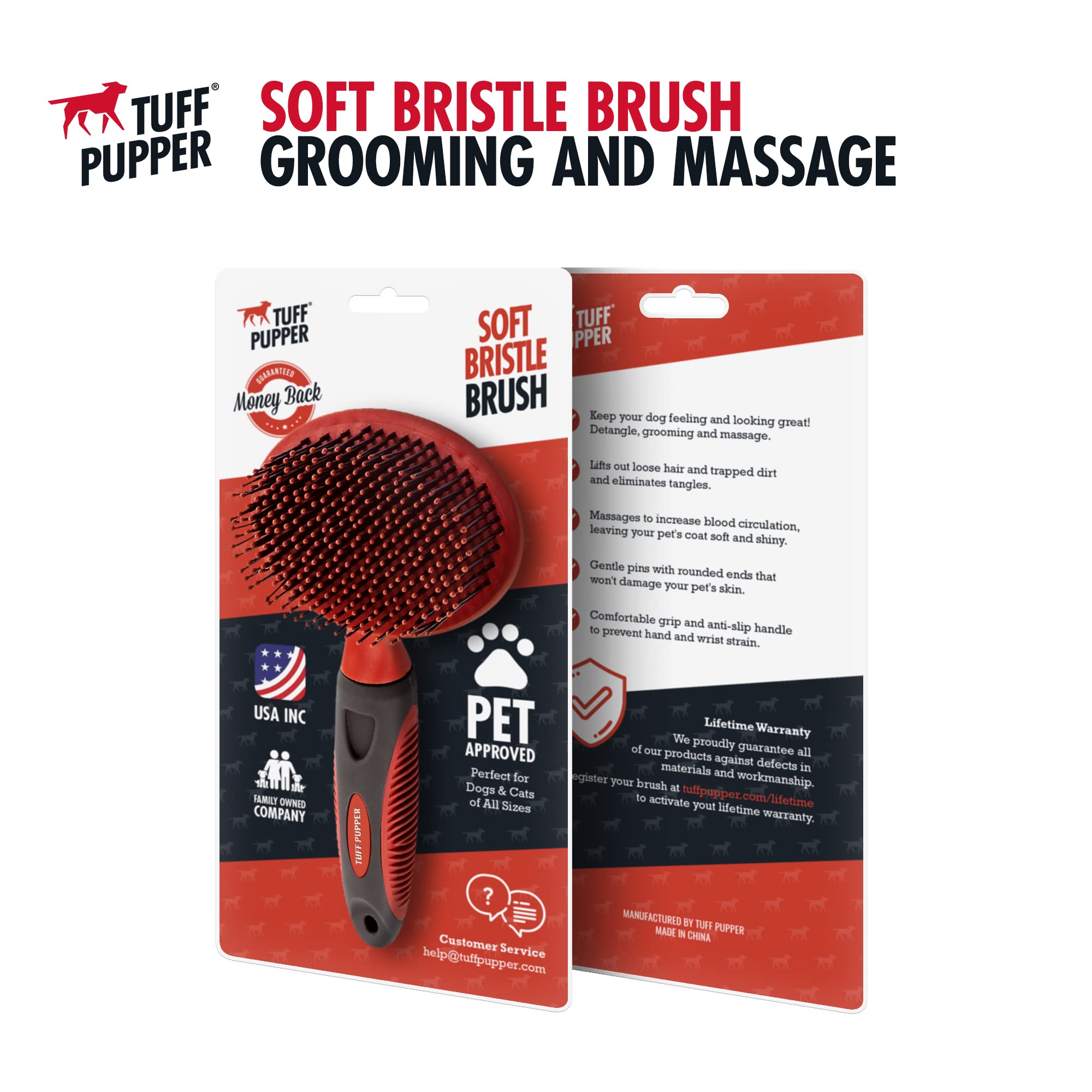 Tuff Pupper Round Bristle Soft Brush For Dogs And Cats | Gentle Grooming For Short Or Long Hair | Soft Pin Tool For Sensitive Skin | Detangle & Remove Loose Fur | For Dematting & Detangling Undercoat
