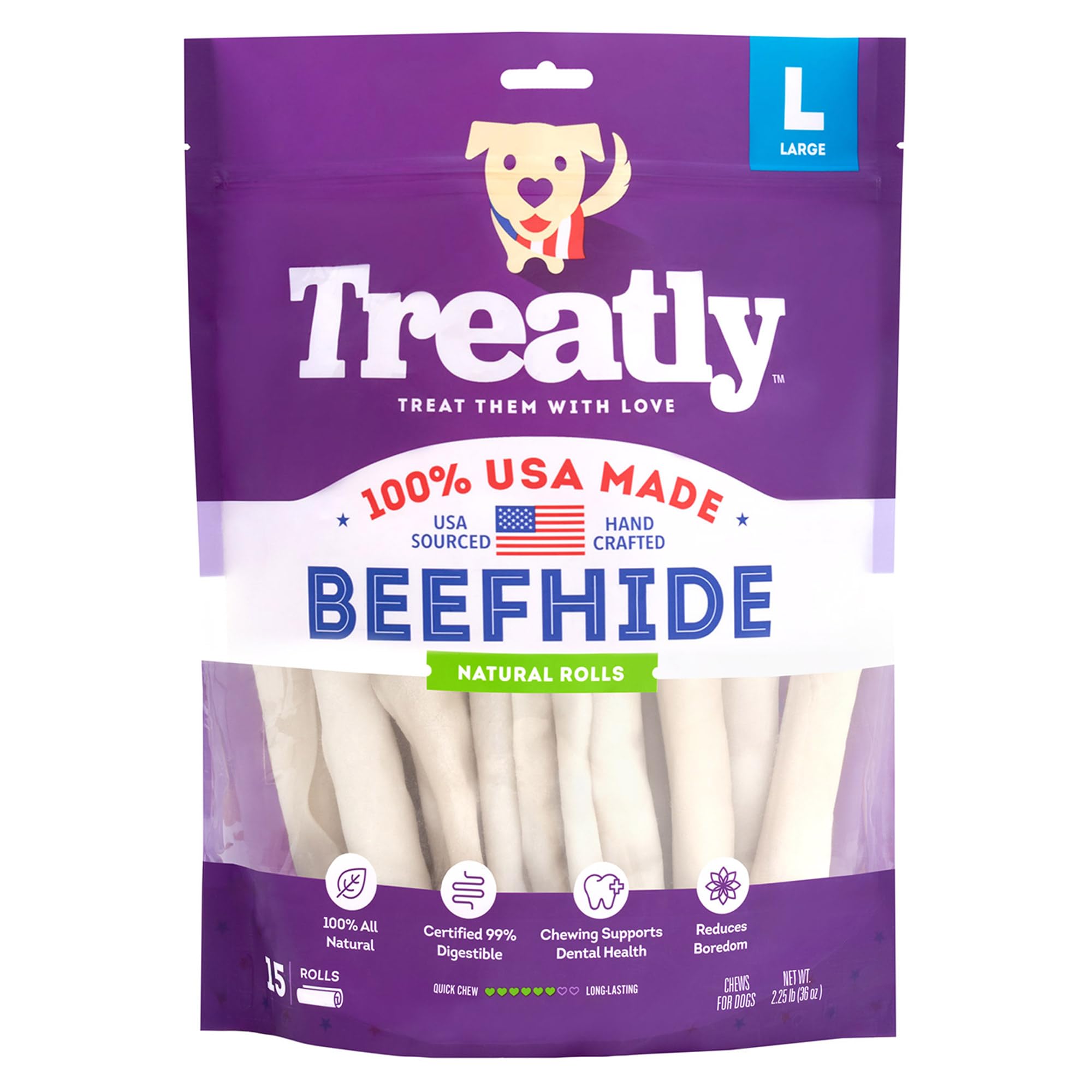 Treatly USA Beefhide Rolls 8-9 Dog Chew Treats - Natural Flavor, 15 Count/1 Pack