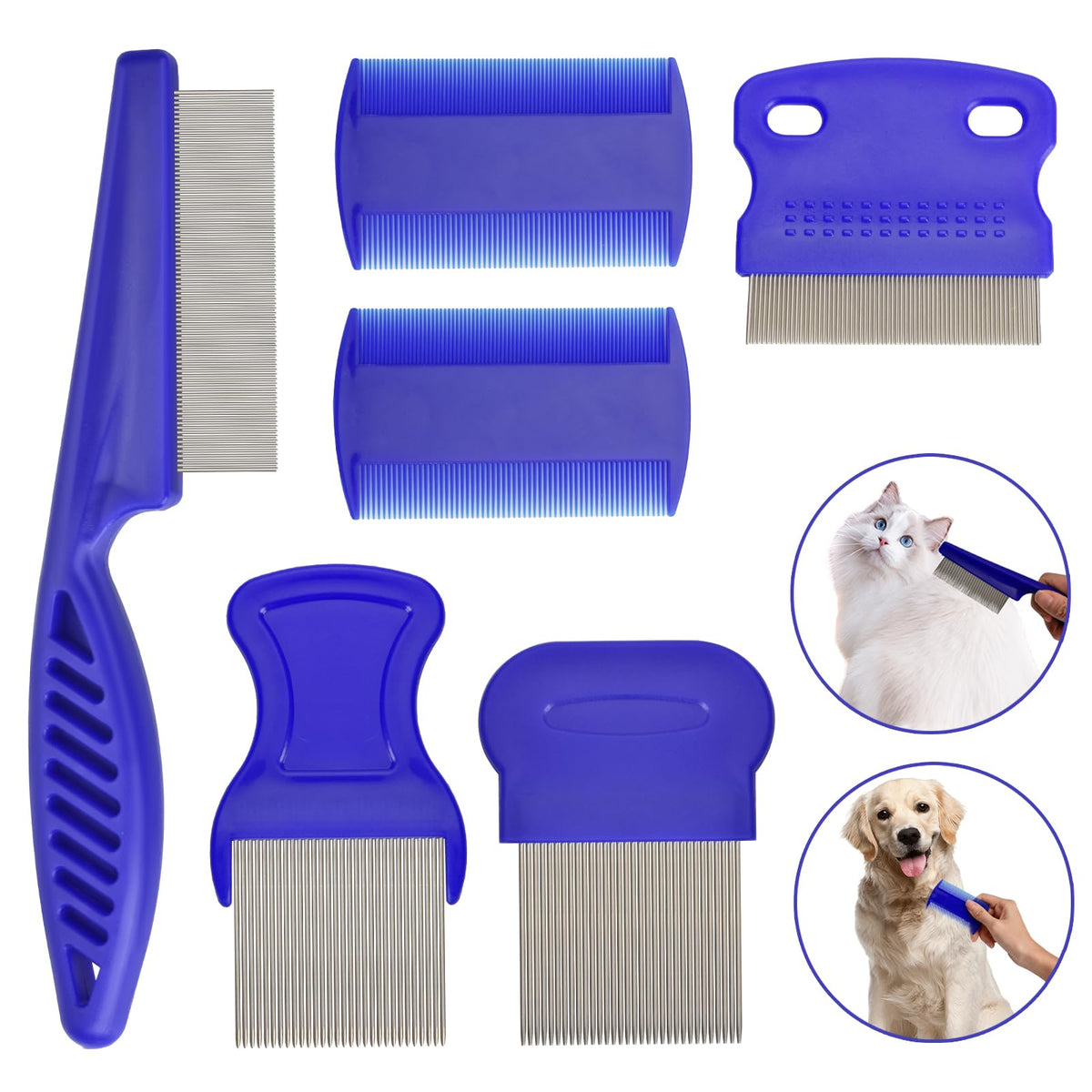 Flea Comb For Cats Dogs, 6 Pack Pet Lice Comb Set Pet Grooming Pets For Small, Medium & Large Pets (Blue)