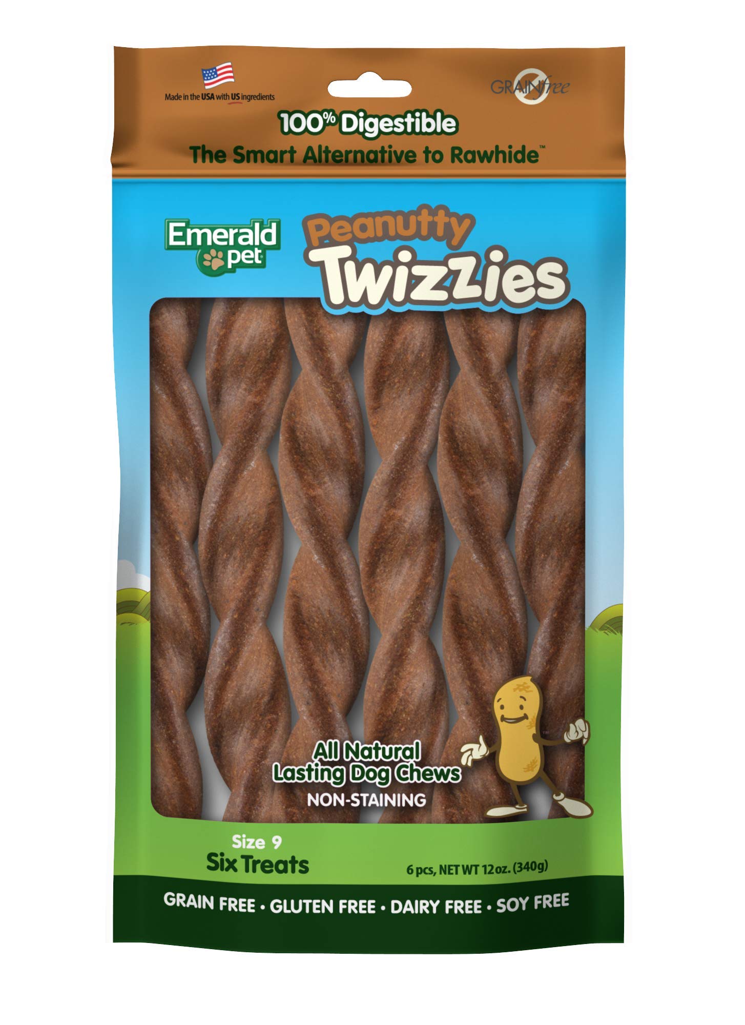 Emerald Pet Twizzies Rawhide Free 100% Digestible Natural Dog Lasting Chew Treats, Made in USA, Size 9 Peanutty Peanut Butter Mu