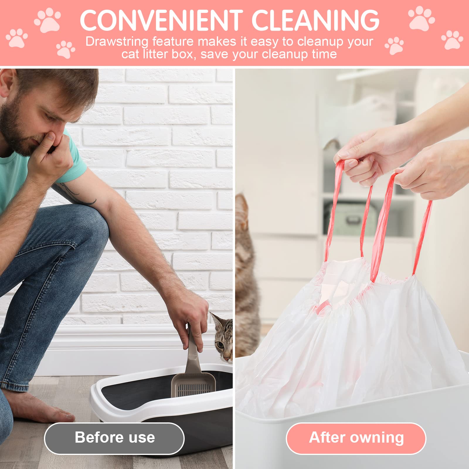 Thenshop 60 Count Litter Box Liners 36'' X 18'' Jumbo Cat Pan Bags Drawstring Cat Supplies Extra Large Disposable Cat Litter Bags Cat Box Liners For Trash Waste Litter Box Tidy (Pink)