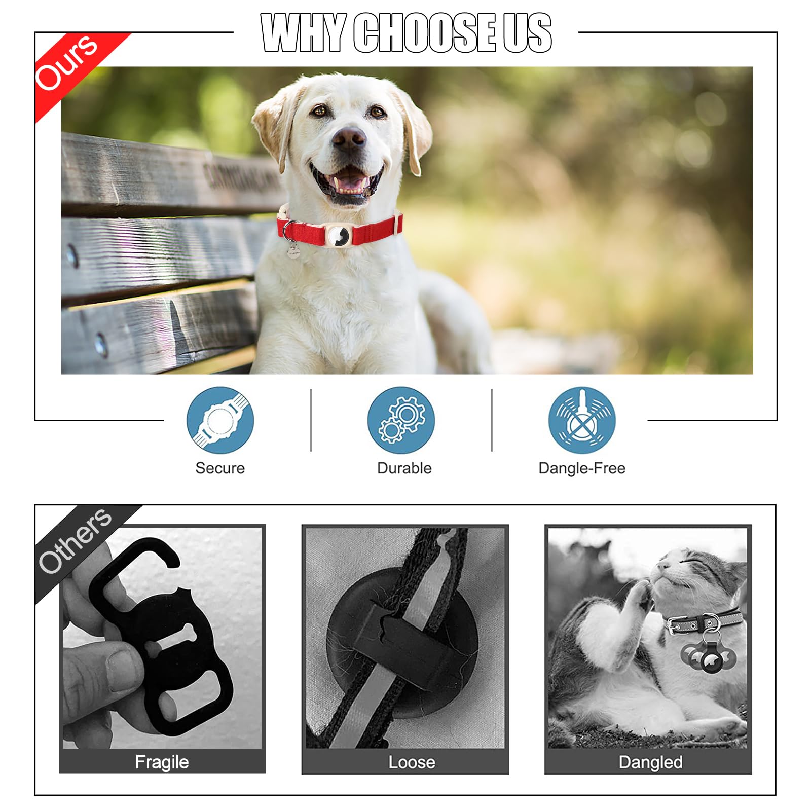 Dogwong Airtag Cotton Hemp Dog Collar, Heavy-Duty With Airtag Holder, Christmas Red, Natural Fabric, Cute Puppy Necklace For Sma