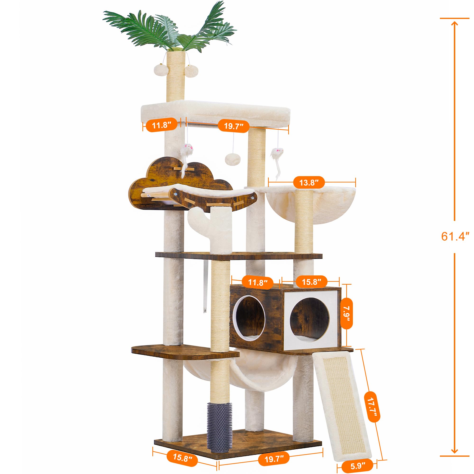 Hebly Wood Cat Tree For Indoor Cats, Cat Condo For Large Cats With Self Groomer,Modern Cat Scratching Tower With Basket,Hammock,
