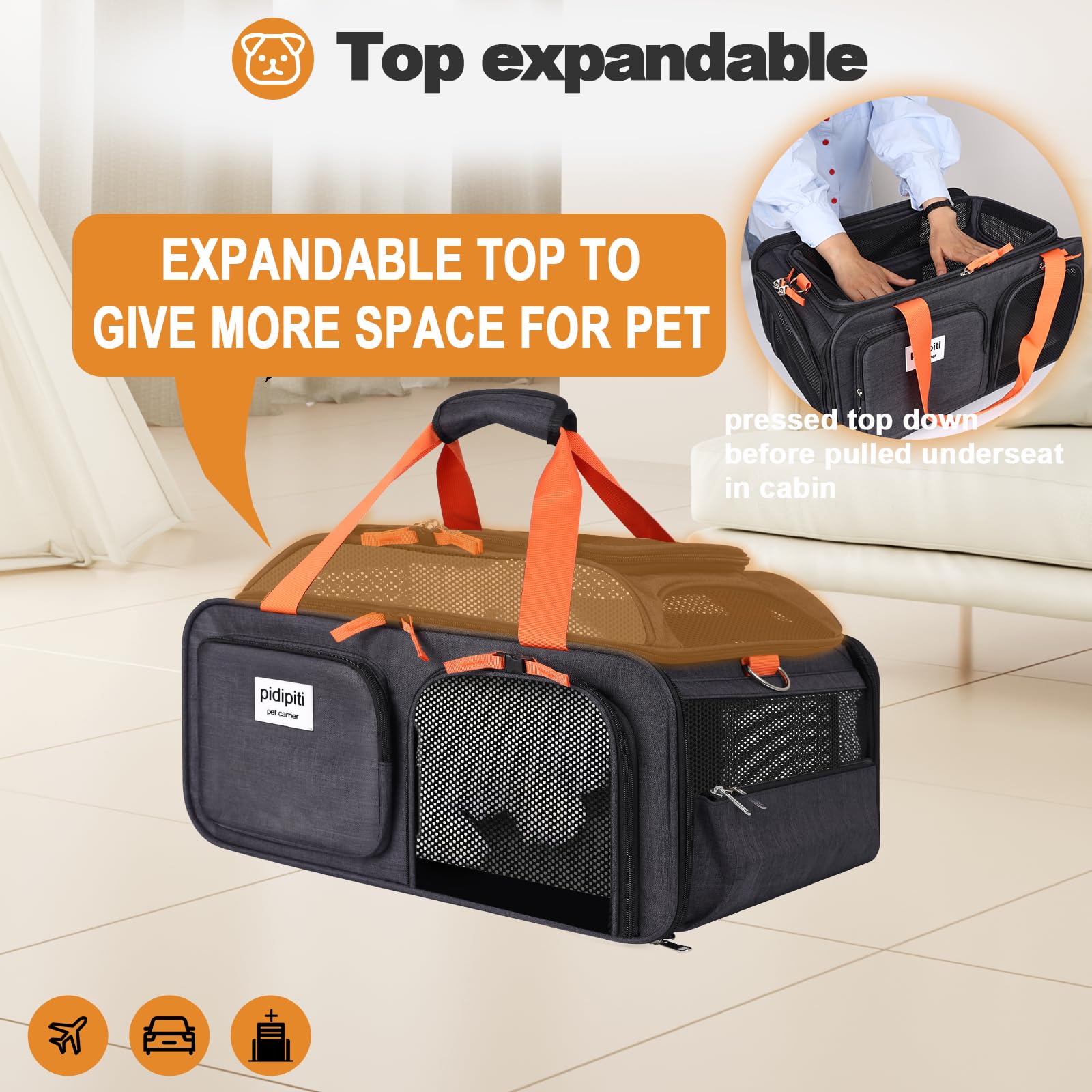 Pidipiti 19X13X9 Tsa Approved Top Expandable Pet Carrier For Small Dog Puppy Cat Up To 12-15 Lbs Weight And 18.5'' Length, For S