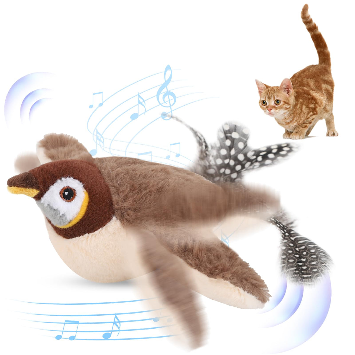 Goosheep Flapping Wings Bird Chirping Cat Toy, Interactive Flapping Chirping Sparrow Cats Toy Bird For Cats That Brown