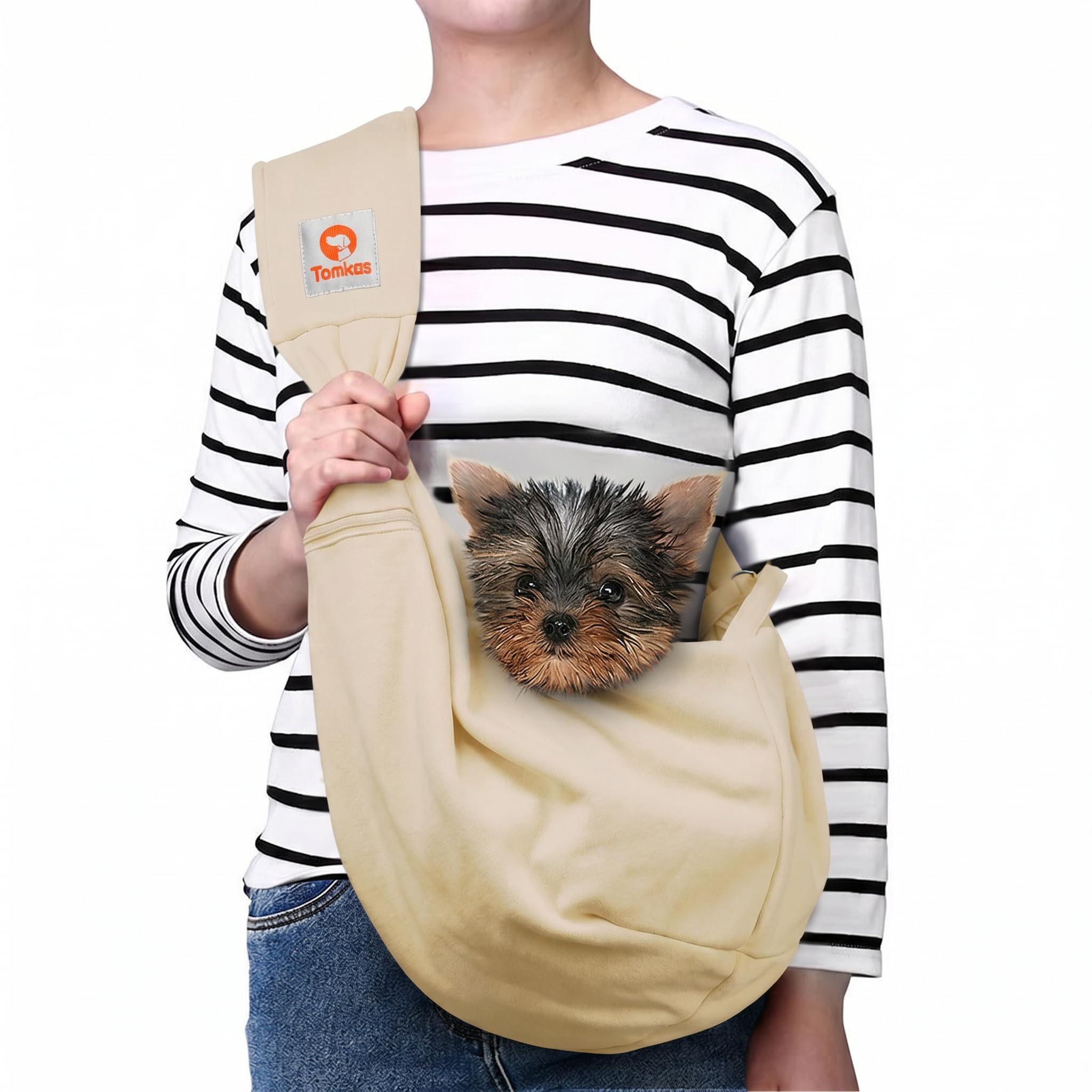 Tomkas Small Dog Sling Carrier - Zipper Pocket & Adjustable Strap - for 3-10 lbs Pets(Cream)