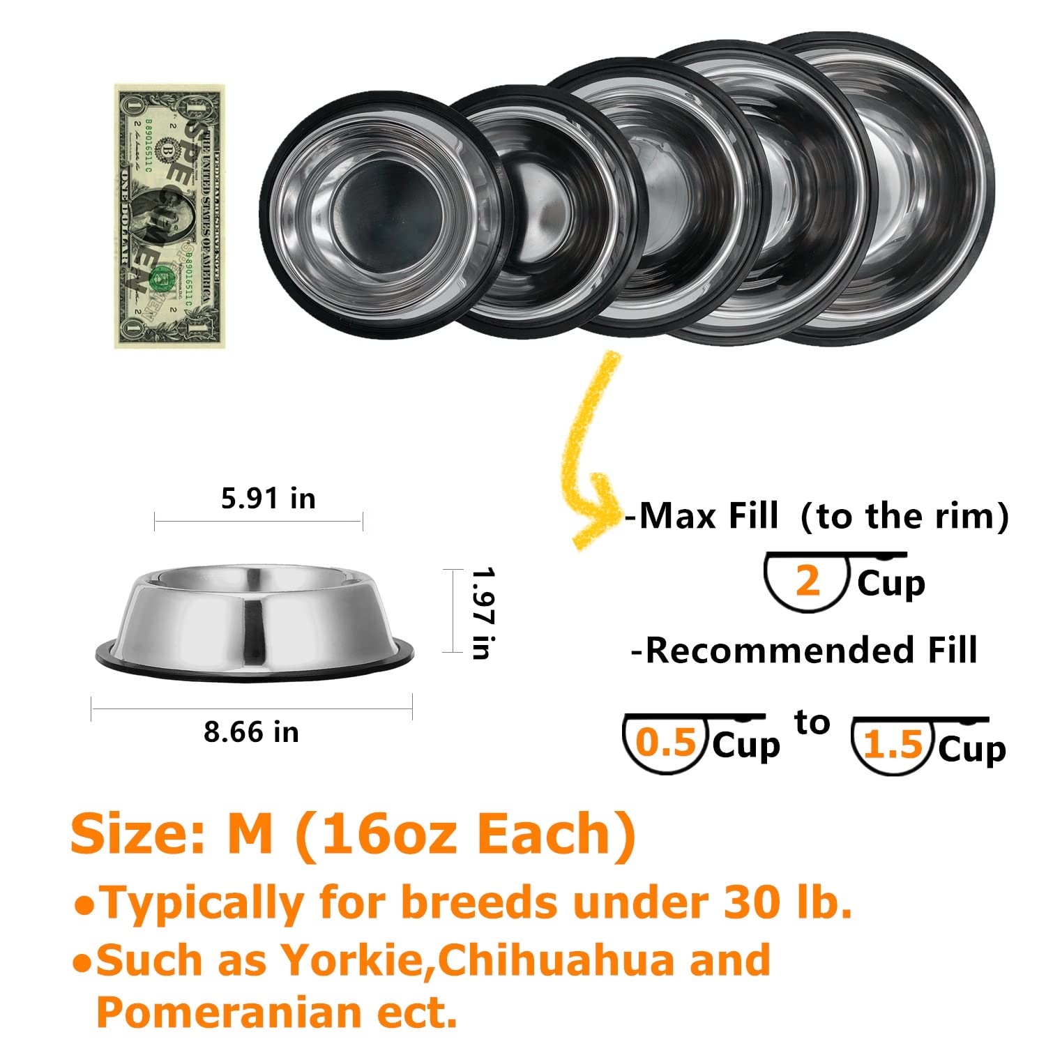 Mutsutaz 2 Pack Stainless Steel Dog Bowls with Rubber Bottom, Anti-Slip Heavy Duty Premium Quality Pets Feeder Bowls for Dogs an