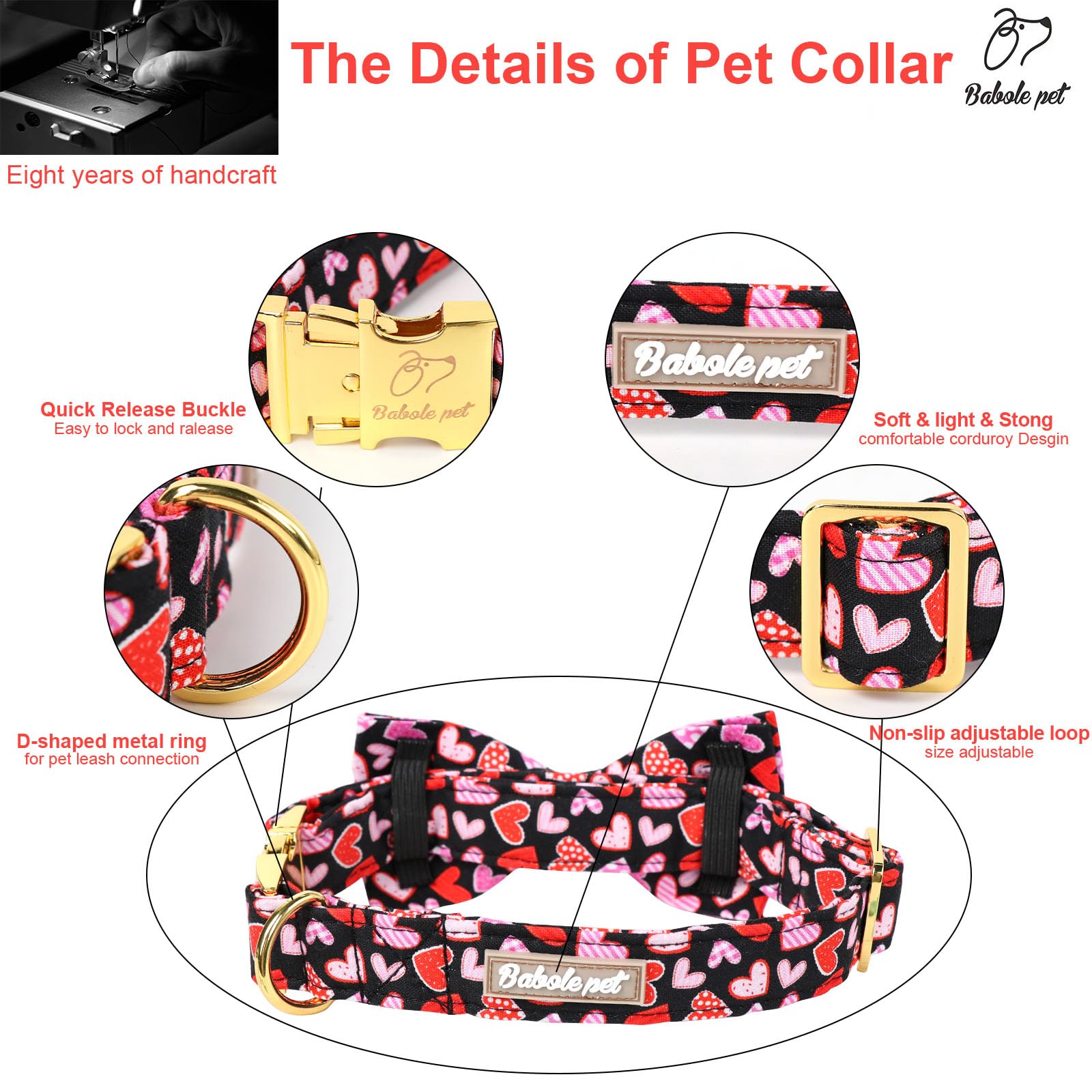 Babole Pet Valentines Dog Collar with Bow Tie,Colorful Love Heart Valentine Dog Collars with Safety Metal Buckle Adjustable Pupp
