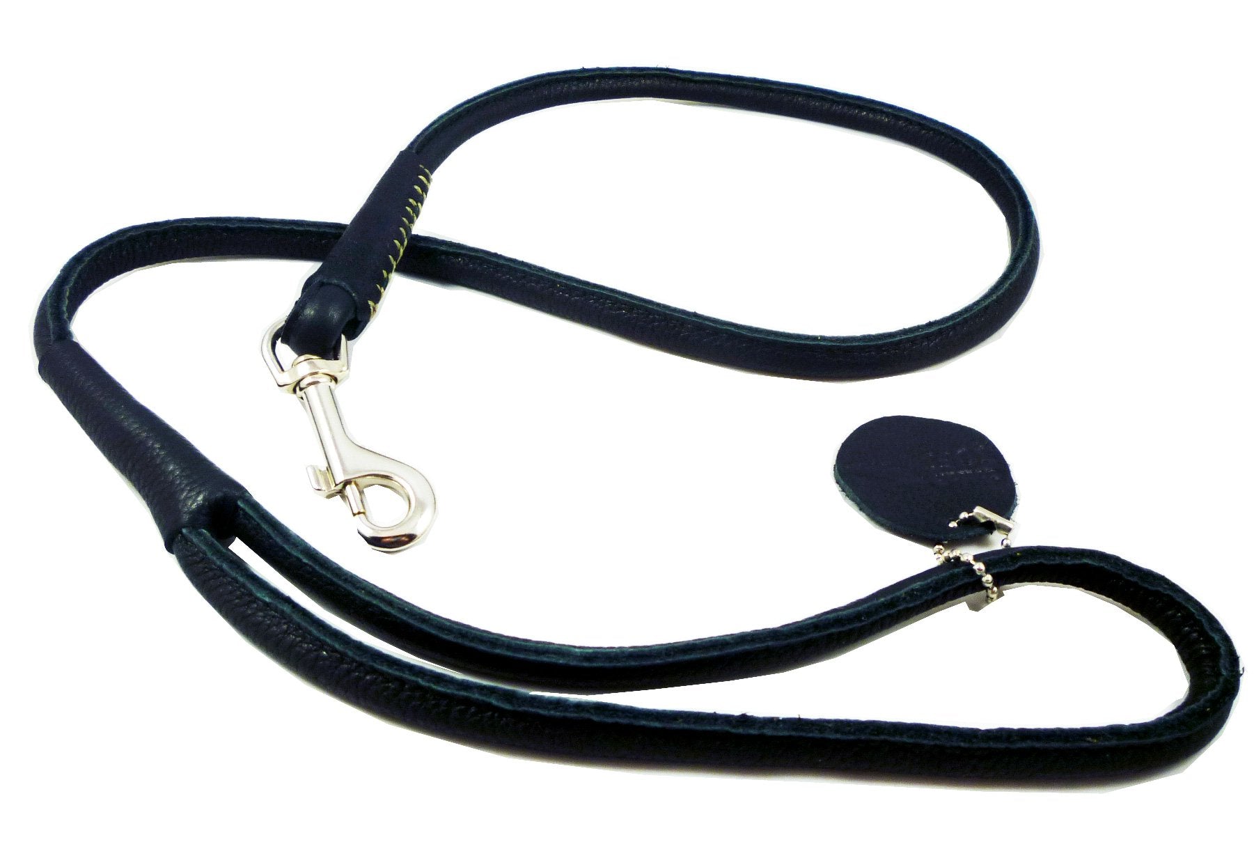 Round Genuine Rolled Leather Dog Leash 4' Long 1/2' Wide Black For Medium Breeds