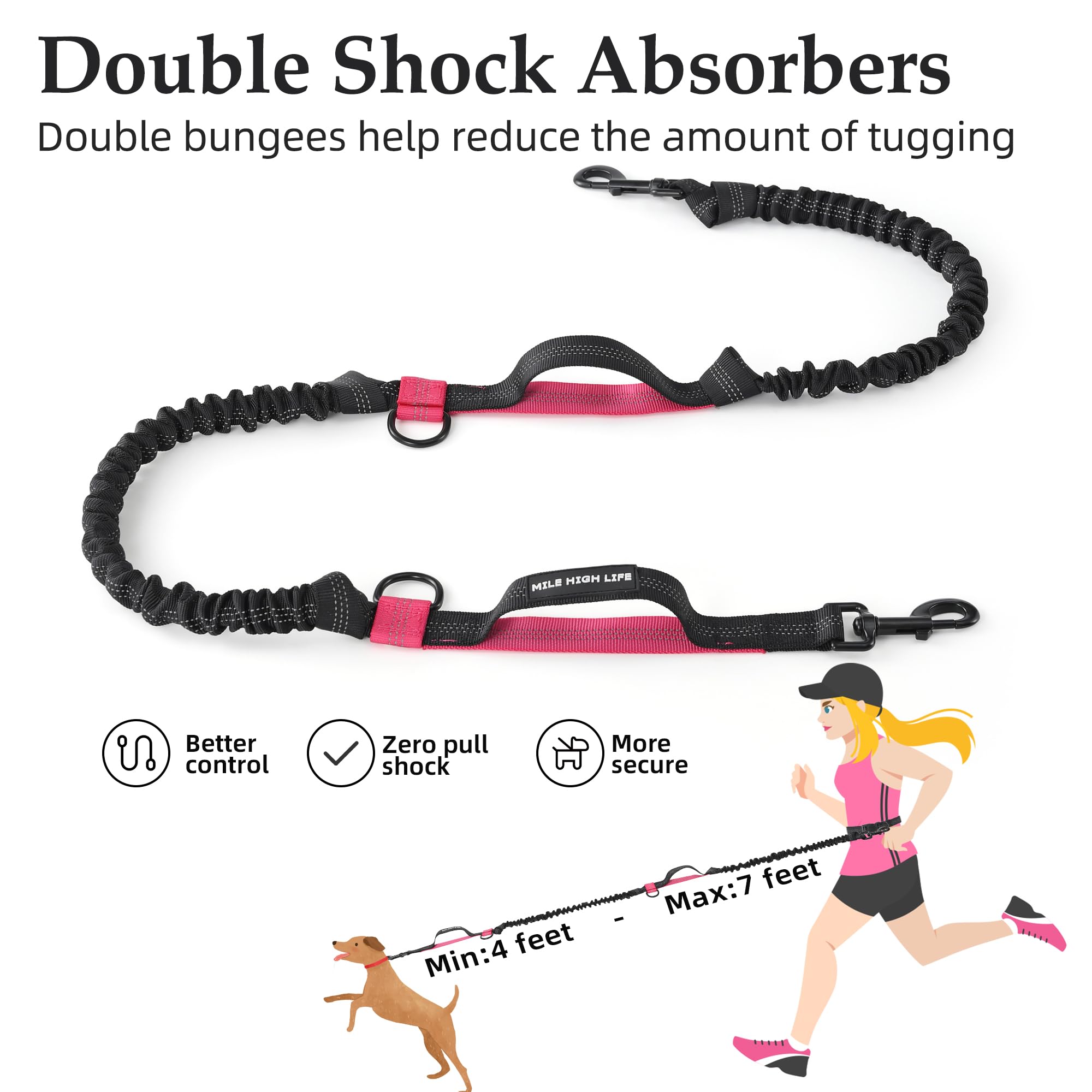 Mile High Life | Retractable Hands Free Dog 7Ft Leash | Waist Running Adjustable | Reflective Dual Black Bungees | Dual Handles | Small Medium Large Dogs | (Hot Pink)