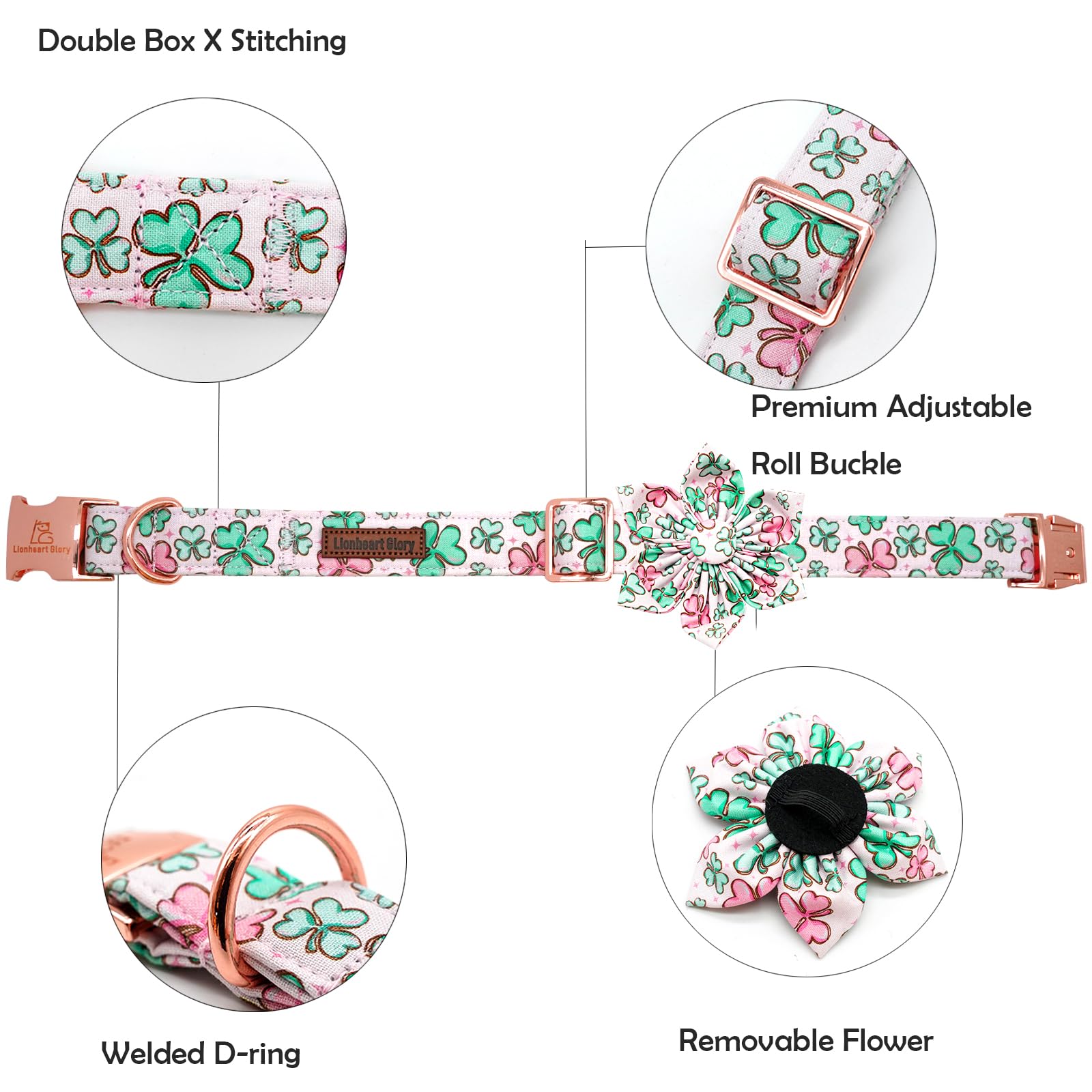 Lionheart Glory St. Patrick'S Day Dog Collar With Flower For X-Large Dogs - Green Lucky Clover Shamrock Pet Collar Bows Heavy Du