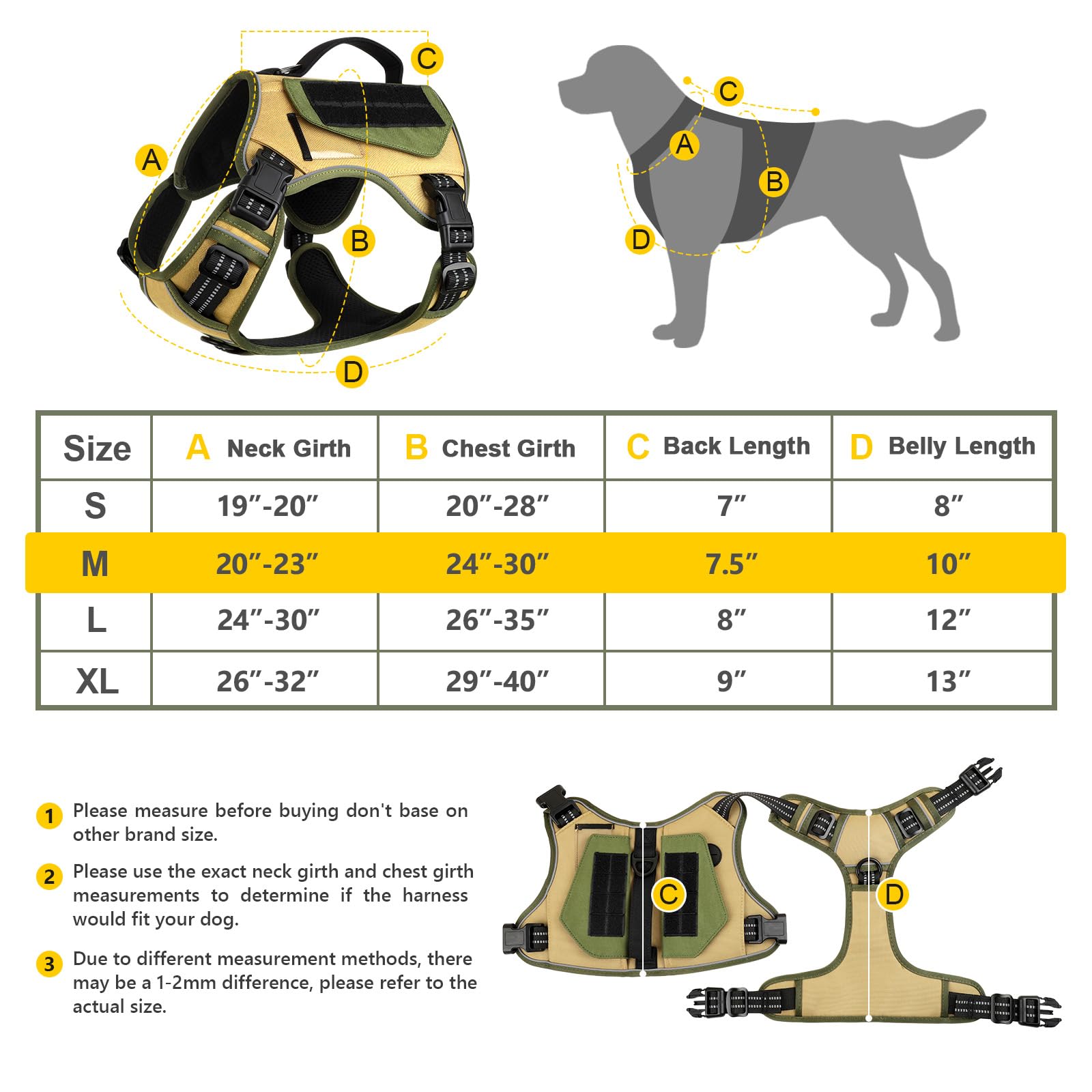 Wingoin Tactical Dog Harness For Medium Dogs, No Pull Harness With Handle 2 Pockets Poop Bag, Reflective Dog Vest, Military Service Heavy Duty Big Dog Harness For Walking Hiking Training, Khaki, M