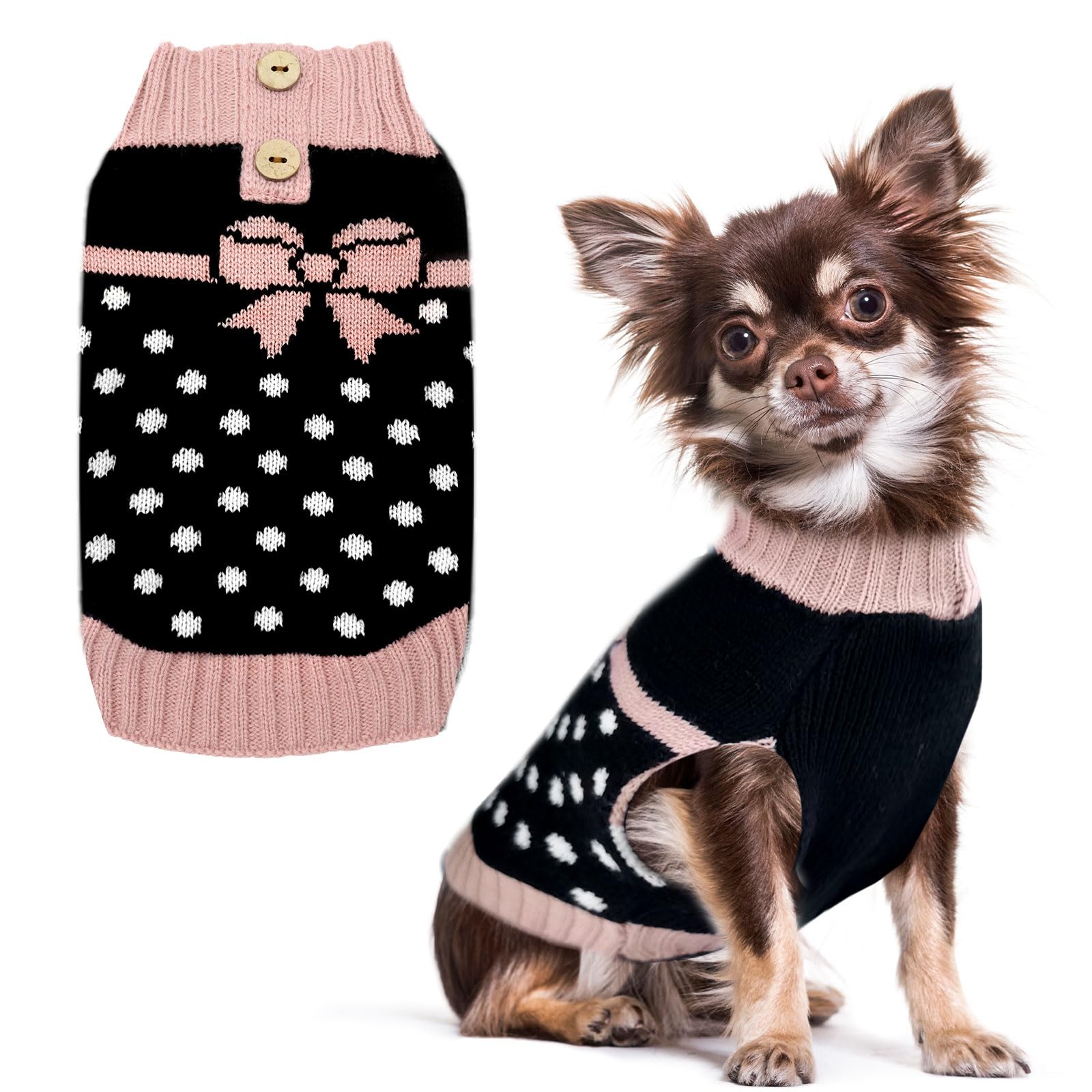PETCARE Cute Small Dog Sweater Dot Black Dog Sweater with Purple Bowtie Puppy Dog Clothes for Small Medium Dogs Cats Girl Warm F