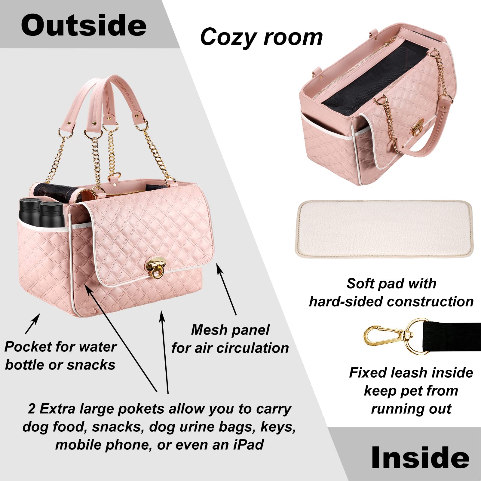 NewEle Fashion Dog Purse Carrier for Small Dogs with 2 Super-Large Pockets, Holds Up to 10lbs PU Leather Pet Carrier, Cat Carrie