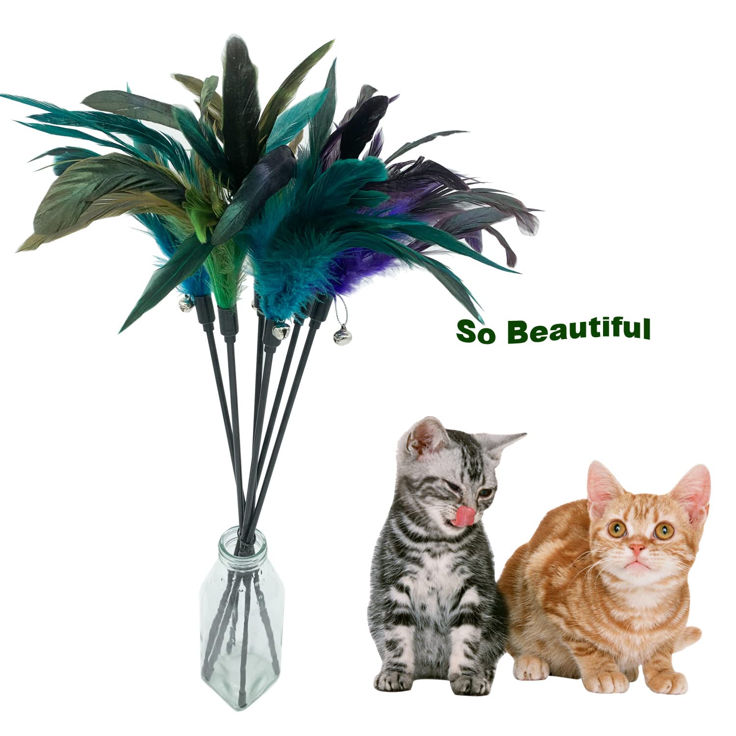 Cateness Cat Wand Toy Feather Stick Cat Toys, 8 Pieces Interactive Cat Toy Feathers Wand For Indoor Cats