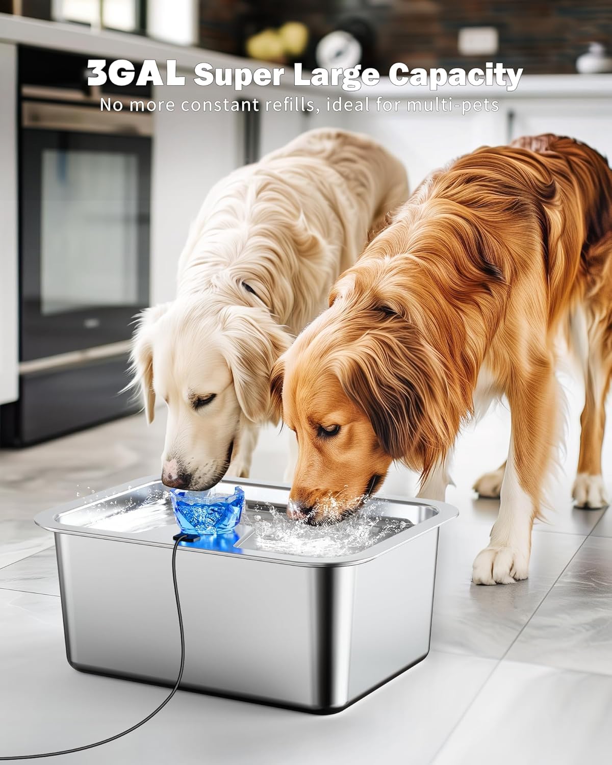 Dog Water Fountain for Large Dogs, tainless Steel 3Gallon Extra Big Pet Fountains, Dog Water Bowl Filter Automatic Dog Bowl Disp