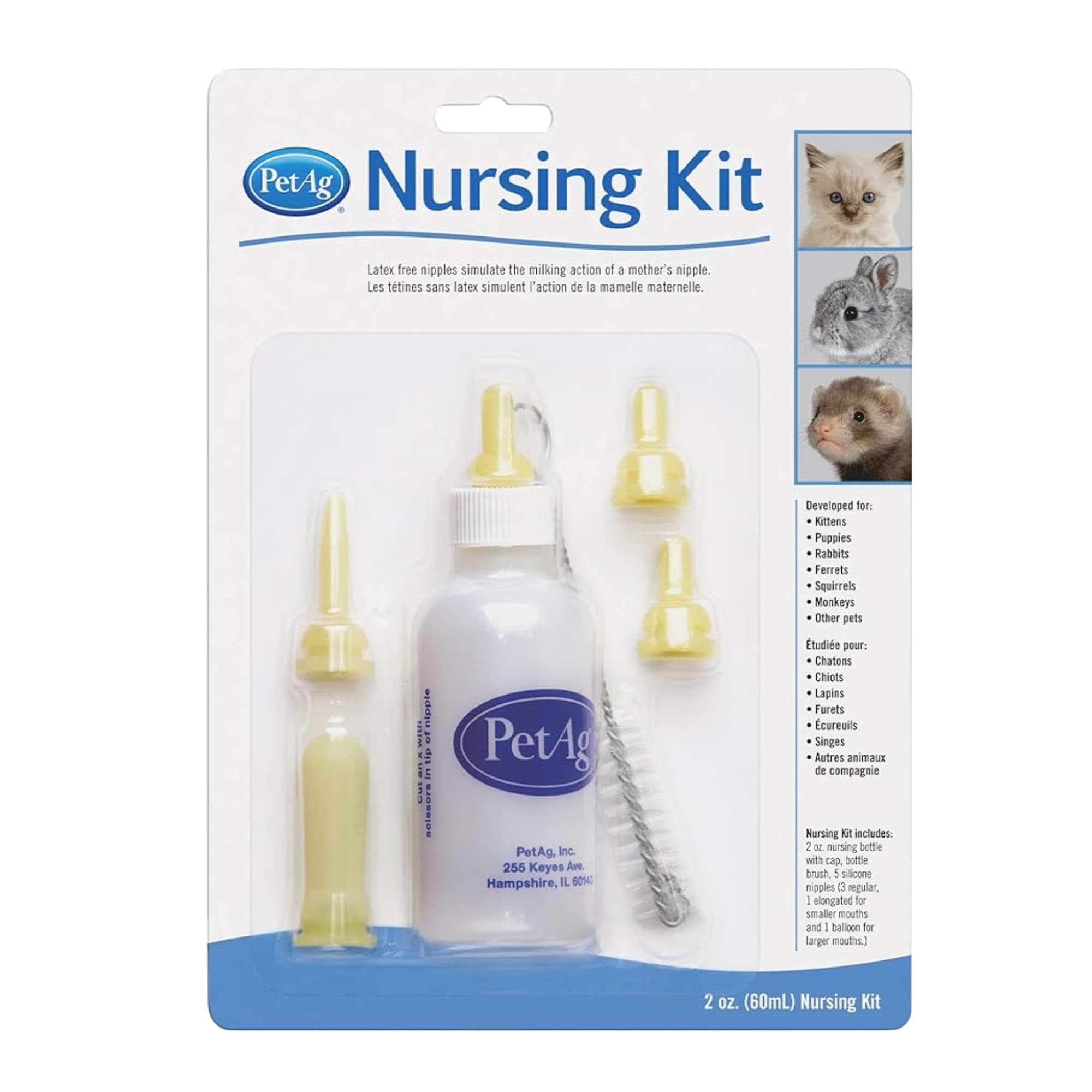 Pet-Ag Nursing Kit - 2 oz - Promotes the Natural Feeding of Liquids to Baby Animals - Each Kit Includes 2 oz. Bottle with Cap, 5