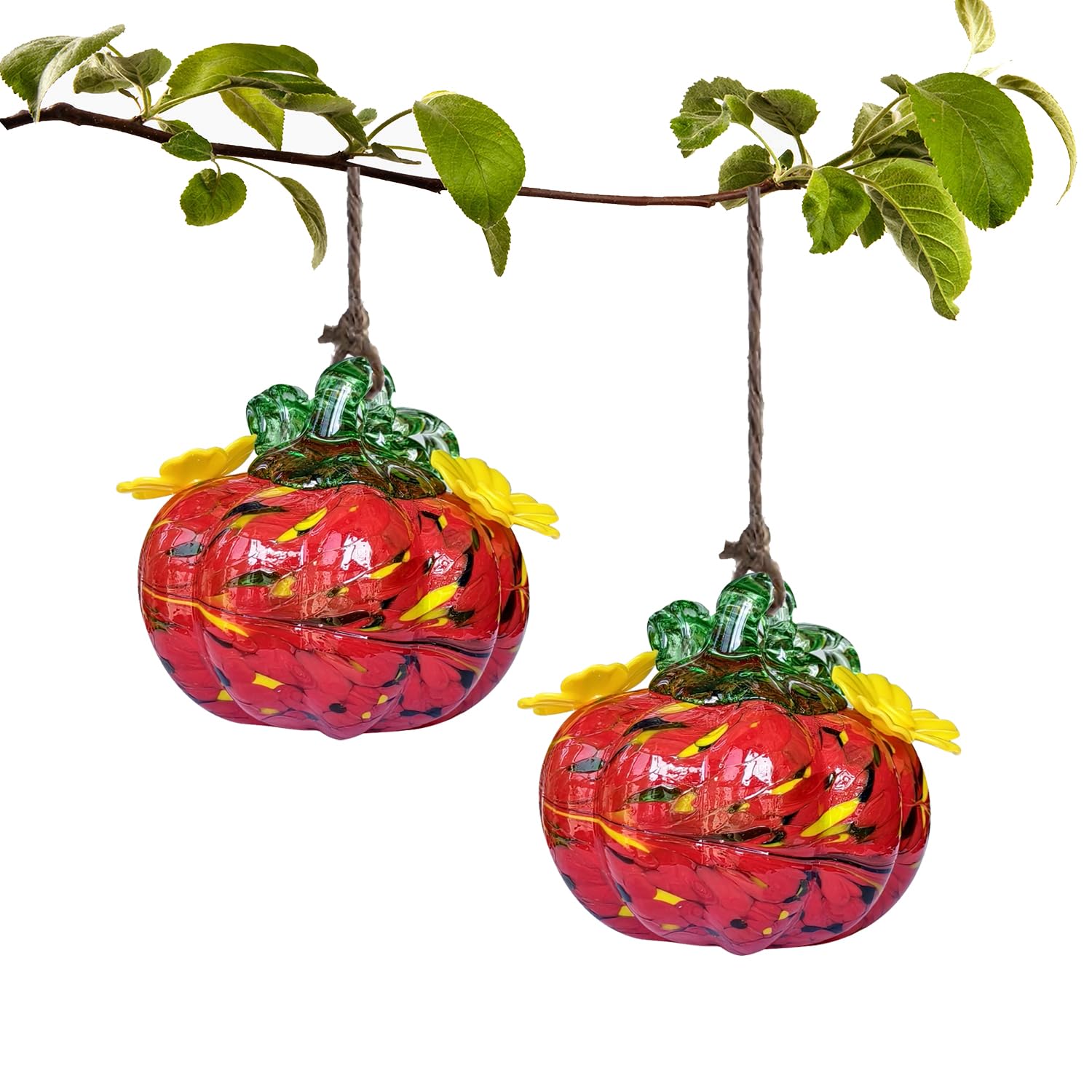 Small Glass Hummingbird Feeders for Outdoors Hanging - 2PC X Red Hand Blown Glass Pumpkin Nectar Feeding, 2 Flowers Feeding Port