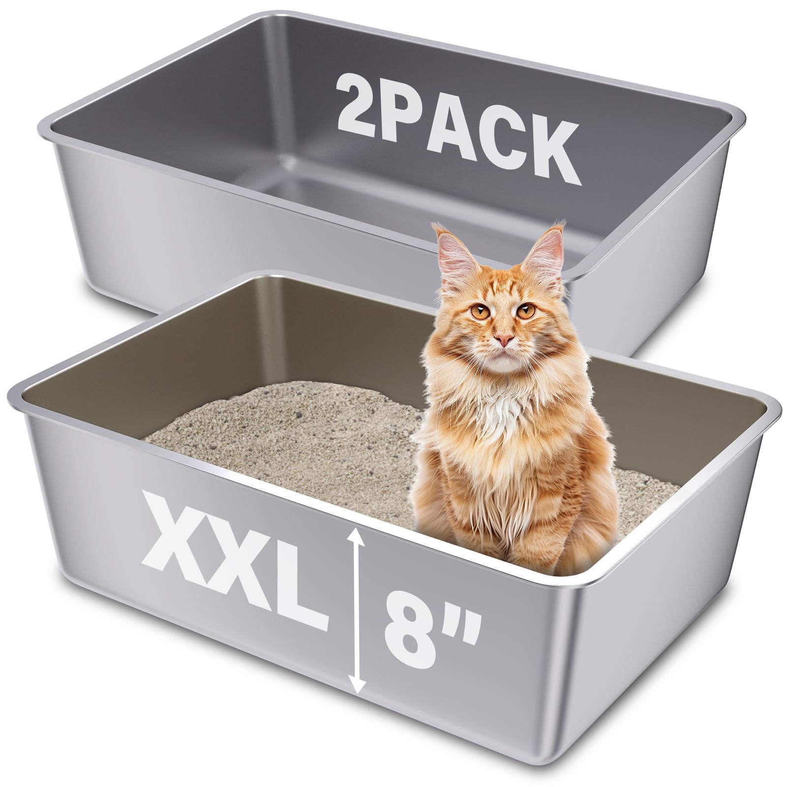 Futam 2 Pack Stainless Steel Cat Litter Box, 23.6''X15.8''X8'' Xxl Stainless Steel Litter Box 8 Inch Deep, Extra Large Metal Lit