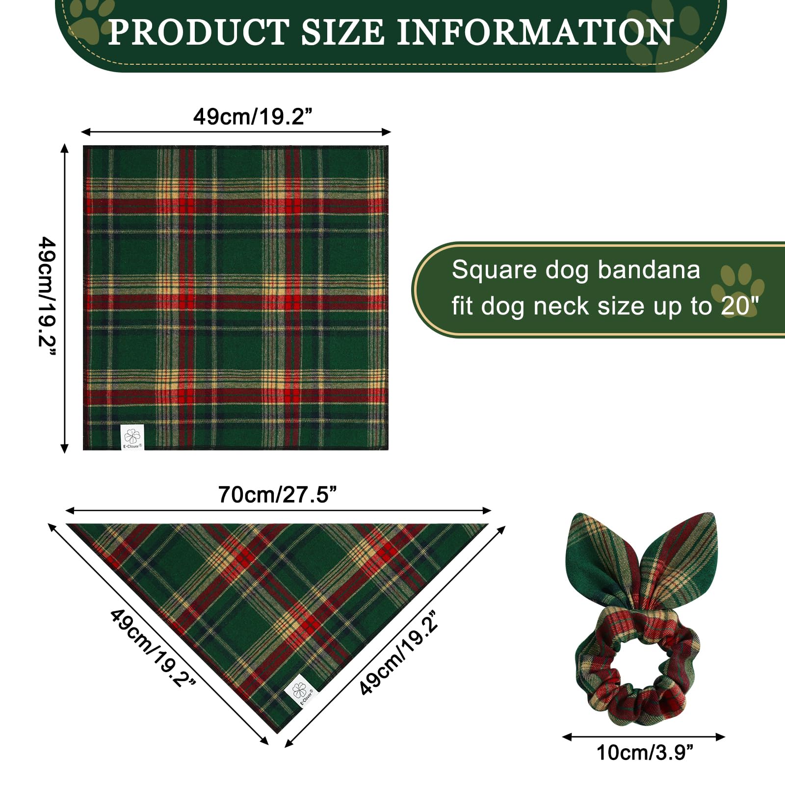 E-Clover Dog Bandana & Matching Scrunchie - Green Red Plaid Pet Scarf, Cute Costumes Accessories For Small Medium Large Dogs