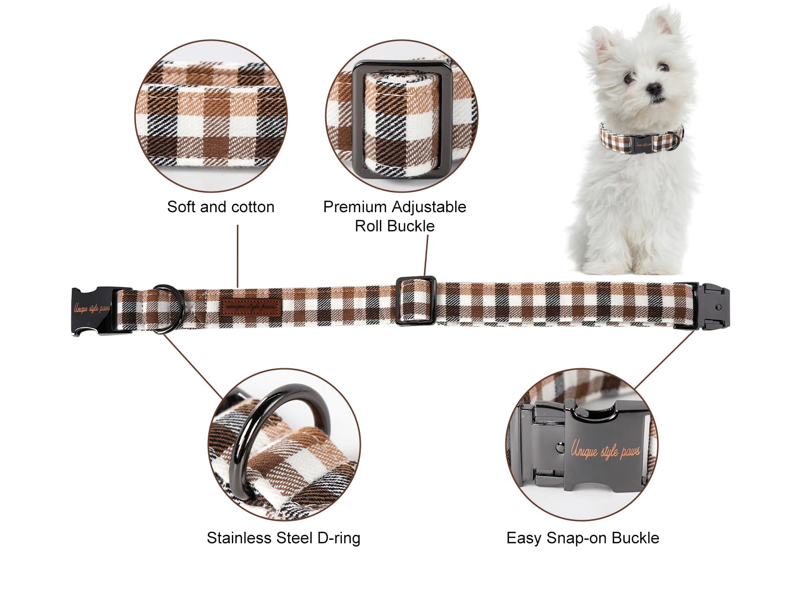 Unique Style Paws Dog Collar Metal Buckle Brown Plaid Collar Gift Durable Cute Collar For Small Medium Large Boys Girls Dogs