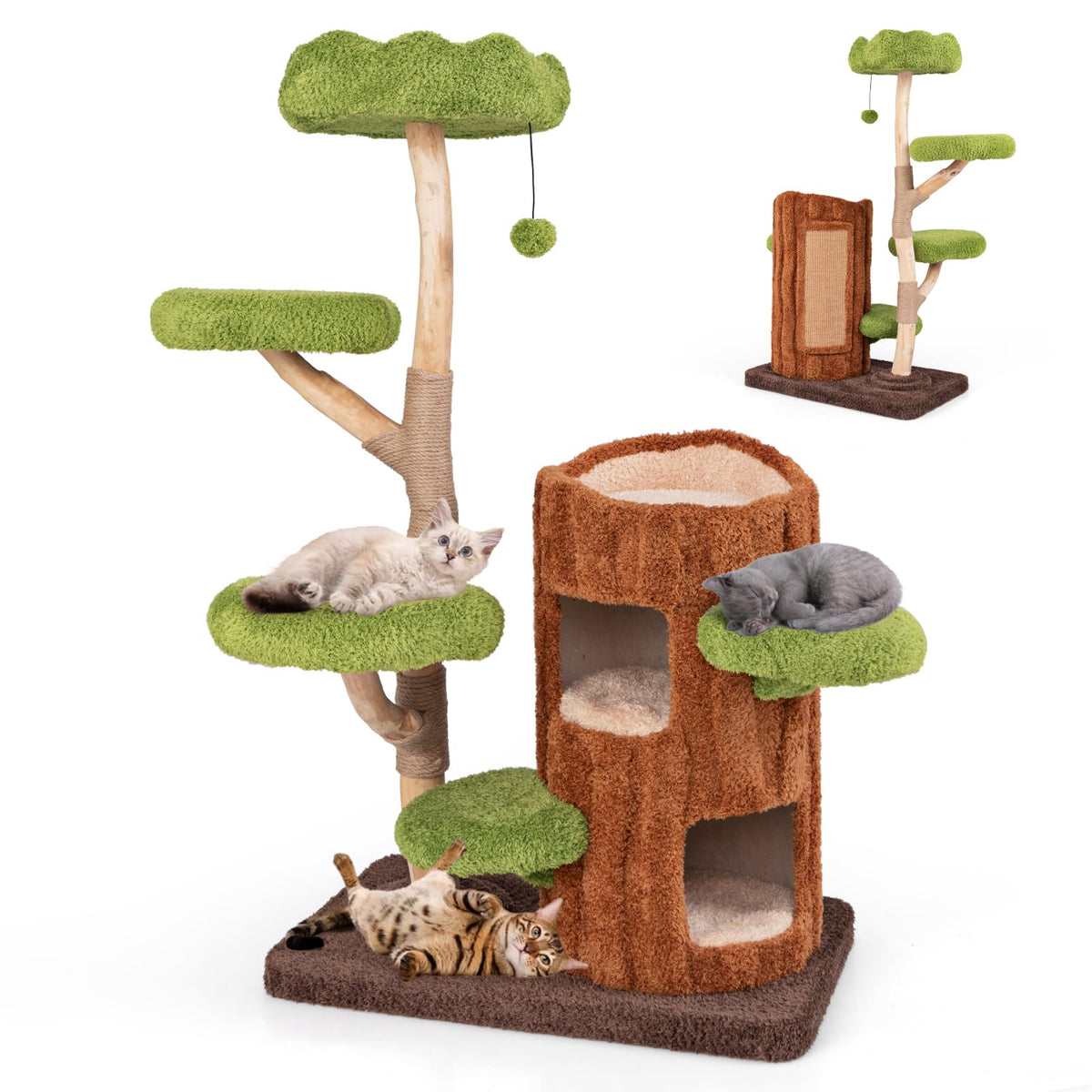 Petsite 55 Inch Wood Cat Tree, Multi-Level Cat Tower With Double Decker Cat House, Scratching Posts And Sisal Board, Soft Padded