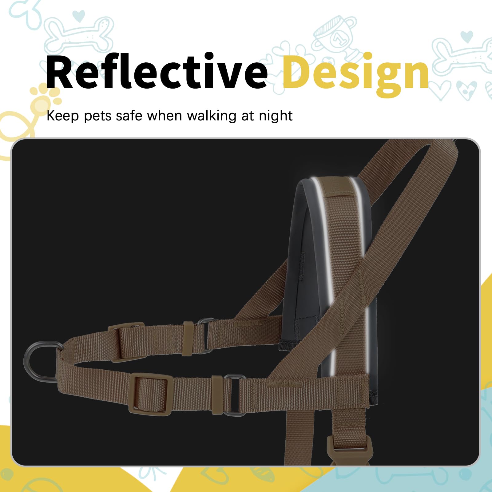 Wisedog No Pull Dog Harness - Adjustable Webbing Dog Halter Harness With Reflective Soft Padded For Large Dogs(Sand Color, L|Nec