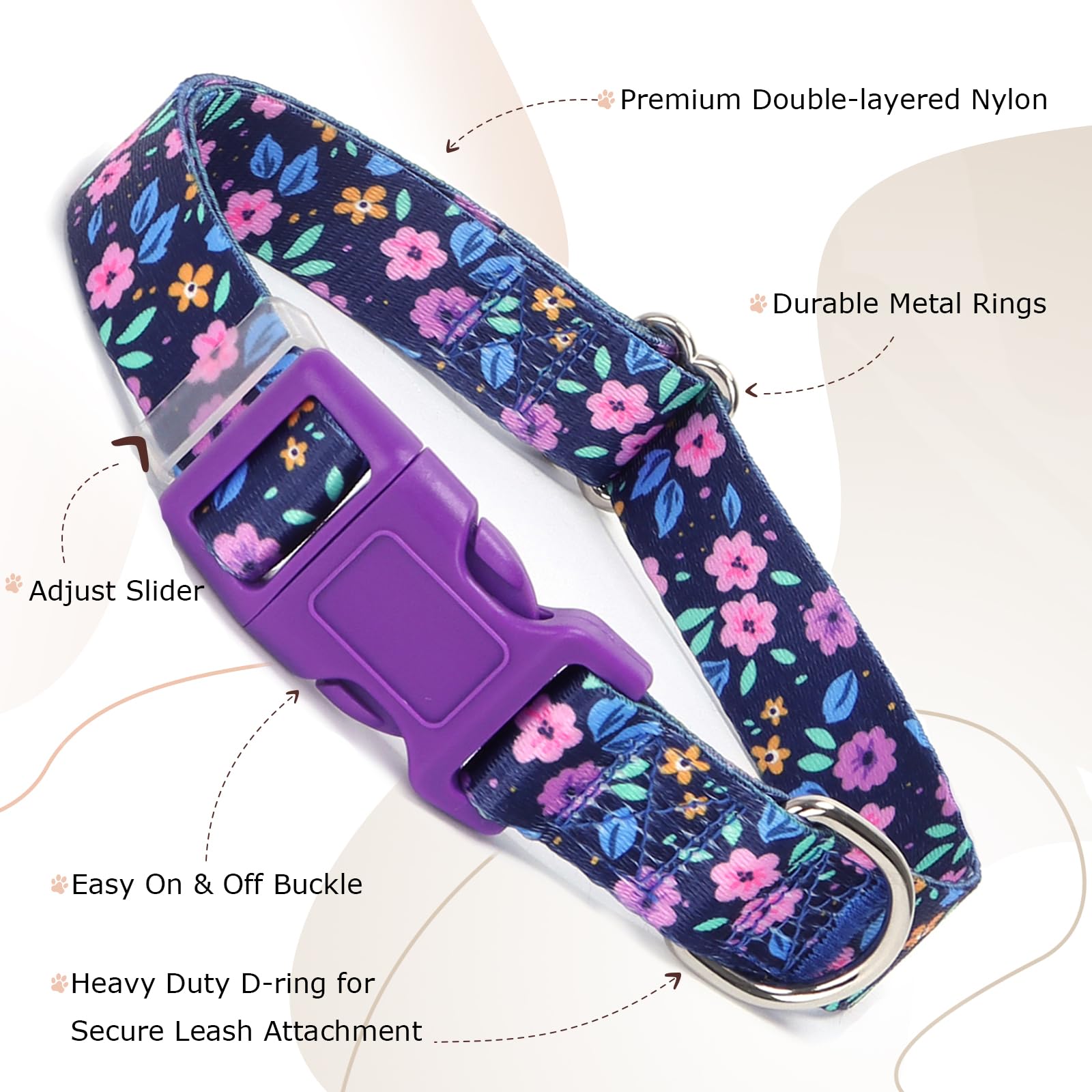 Dog Collar With Purple Flowers Patterns, Cute Girl & Boy Dog Collar Adjustable Soft Durable Pet Collar For Xs Small Medium Large