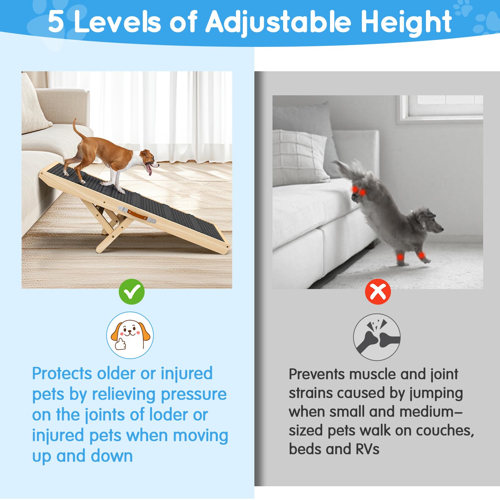 Dog Ramp For Couch, Bed Or Car, Wooden 44'' Long Pet Stairs For Small & Large Old Dogs & Cats, Hold Up To 200Lb, 5 Adjustable He