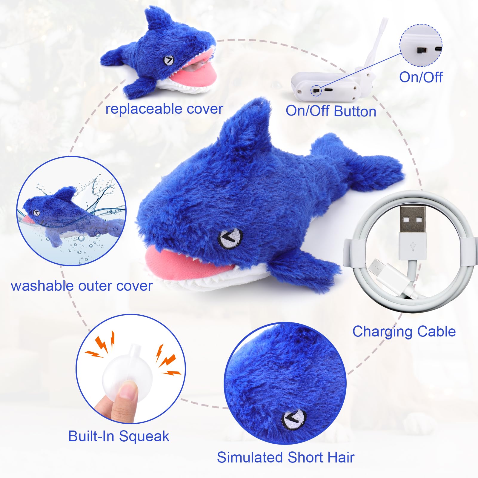 Mity Rain 2 In 1 Interactive Dog Toys, Shark Dog Toy To Keep Them Busy, Plush Squeaky Dog Toys, Rechargeable Wiggly Fish Blue Do