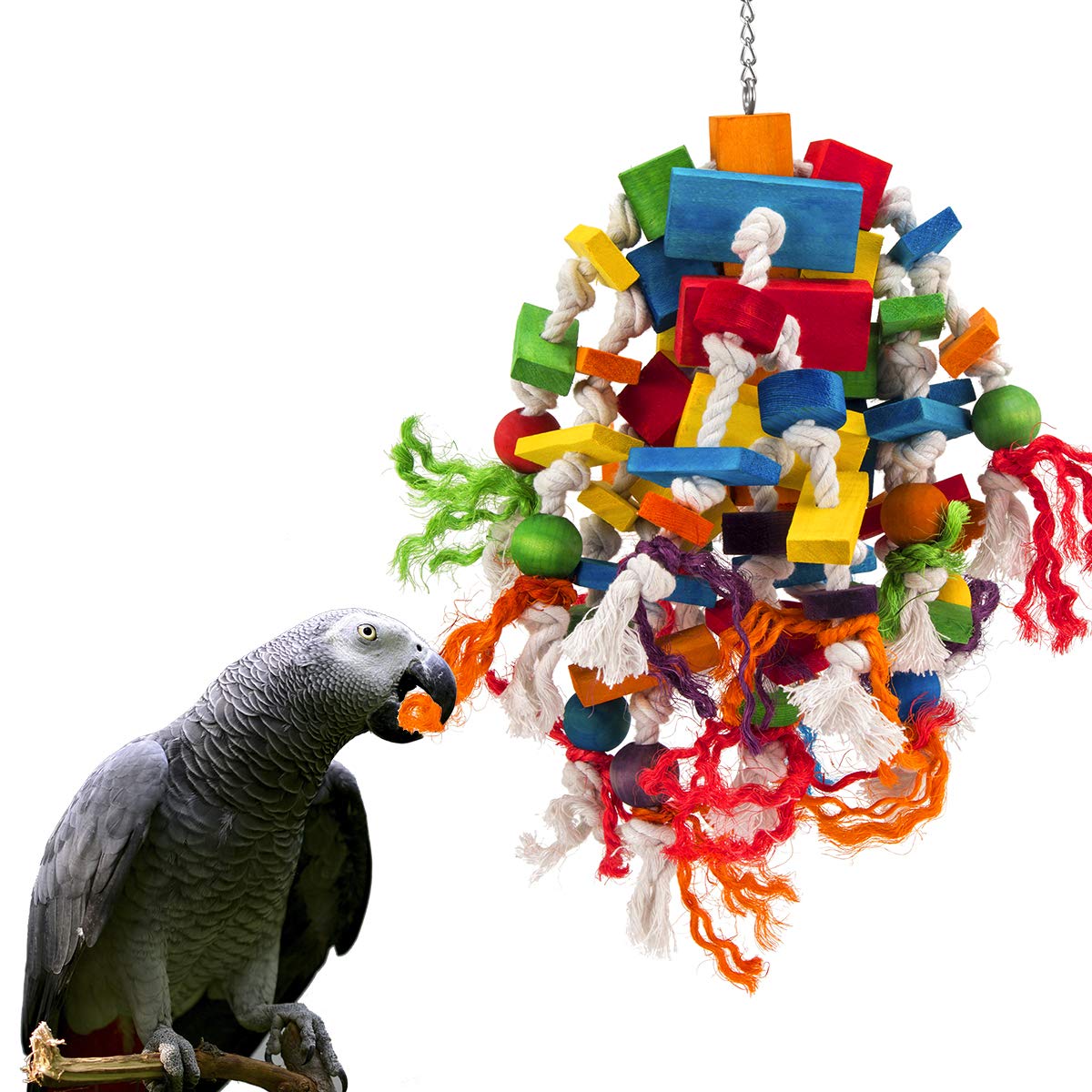 Large Parrot Toy - Multicolored Wooden Blocks Tearing Toys for Birds Suggested for African Grey, Macaw and Amazon Parrots