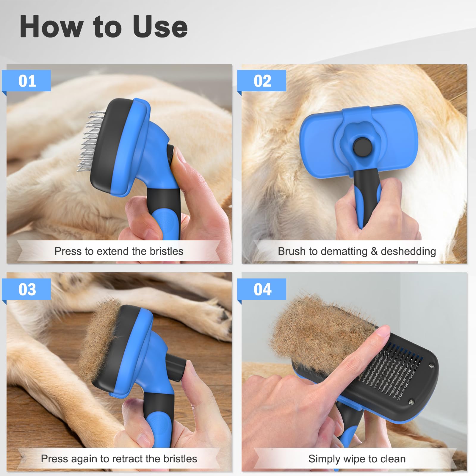 Dipoo Self-Cleaning Brush For Pet Deshedding - Skin-Friendly Grooming Tool For Dogs And Cats, Blue