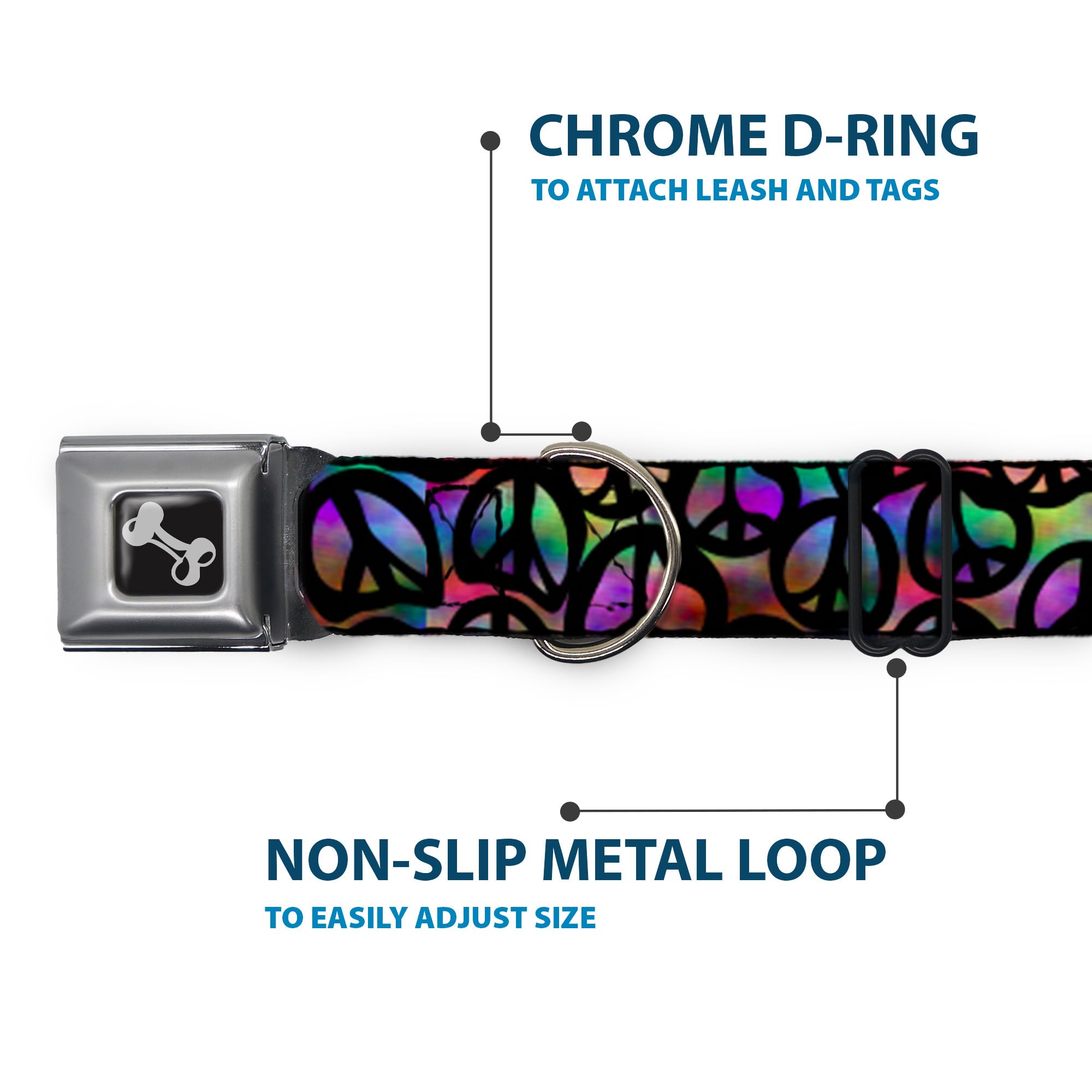 Buckle-Down Seatbelt Buckle Dog Collar - Peace Psychedelic - 1.5' Wide - Fits 16-23' Neck - Medium