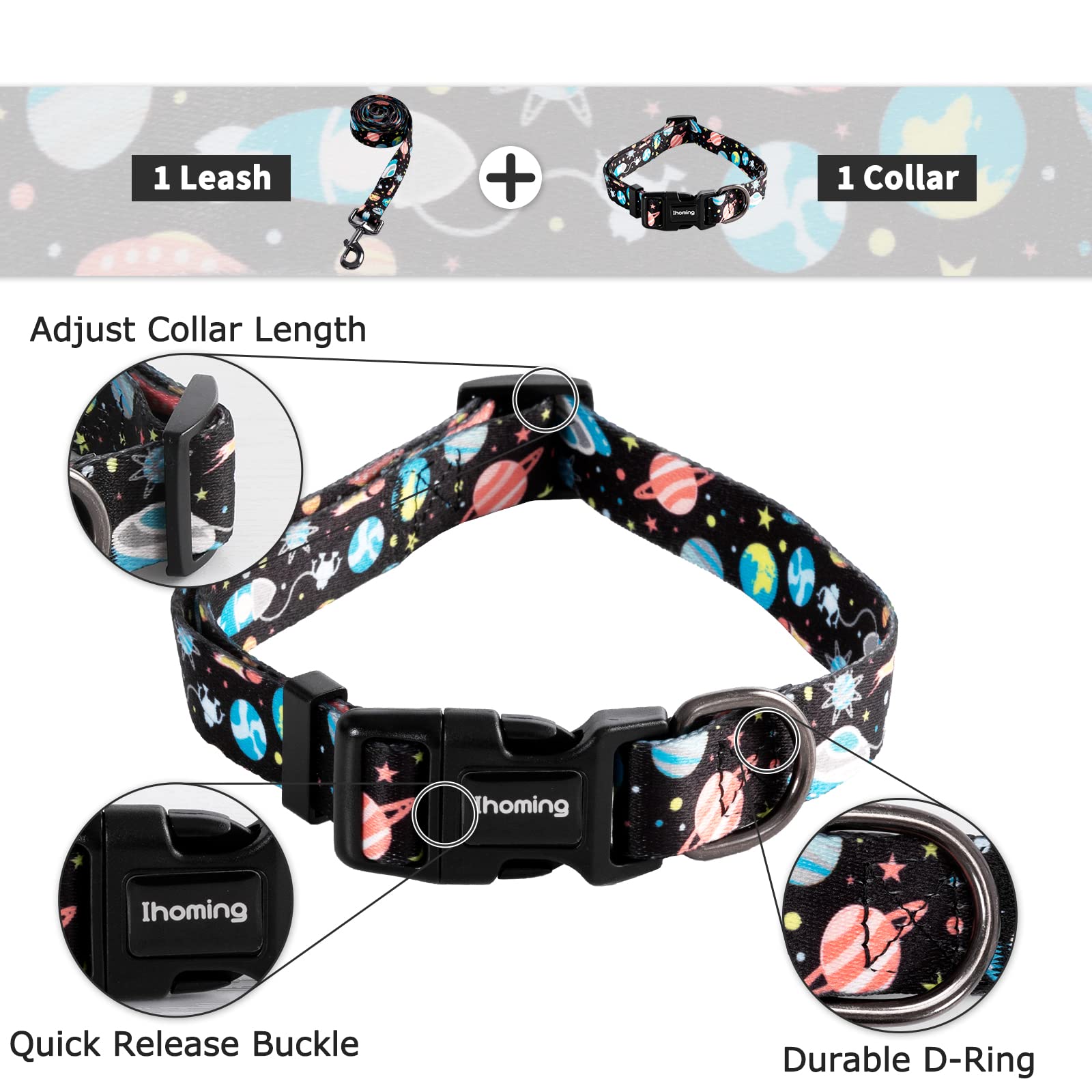 Ihoming Dog Collar And Leash Set For Daily Outdoor Walking Running Training, Space Design For Large Boys Girls Dogs Cats Pets, L