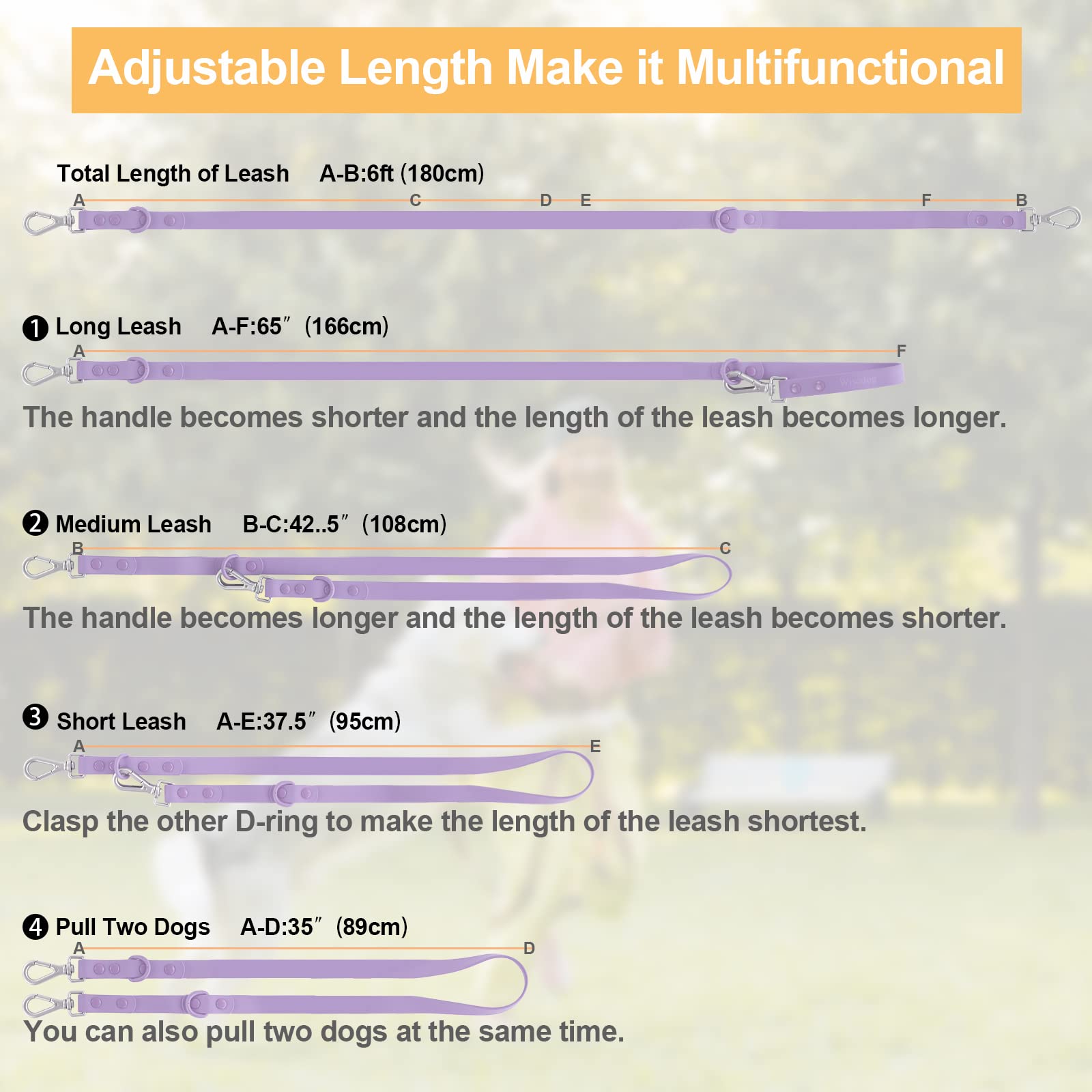 Waterproof Dog Leash: Standard Dog Leashes With 2 Hooks For Walking, Adjustable Lengths For Traffic Control Safety, Durable And Odor Proof, For Medium Large Dogs (Lilac,L)