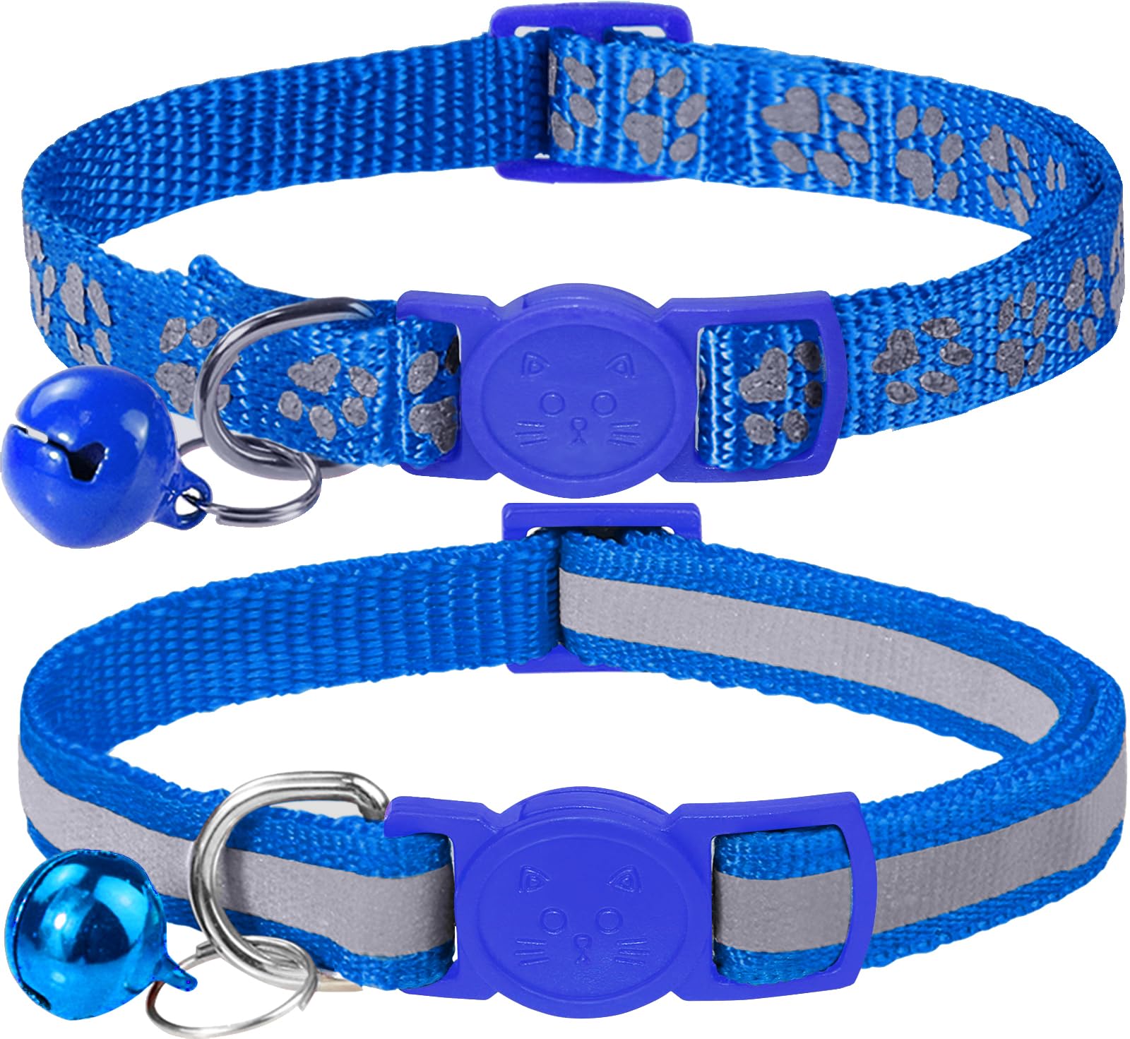 Taglory Reflective Cat Collar Breakaway With Bells, 2 Pack Girl Boy Pet Cat Collar Adjustable 7.5-12.5 Inch, Navy Blue