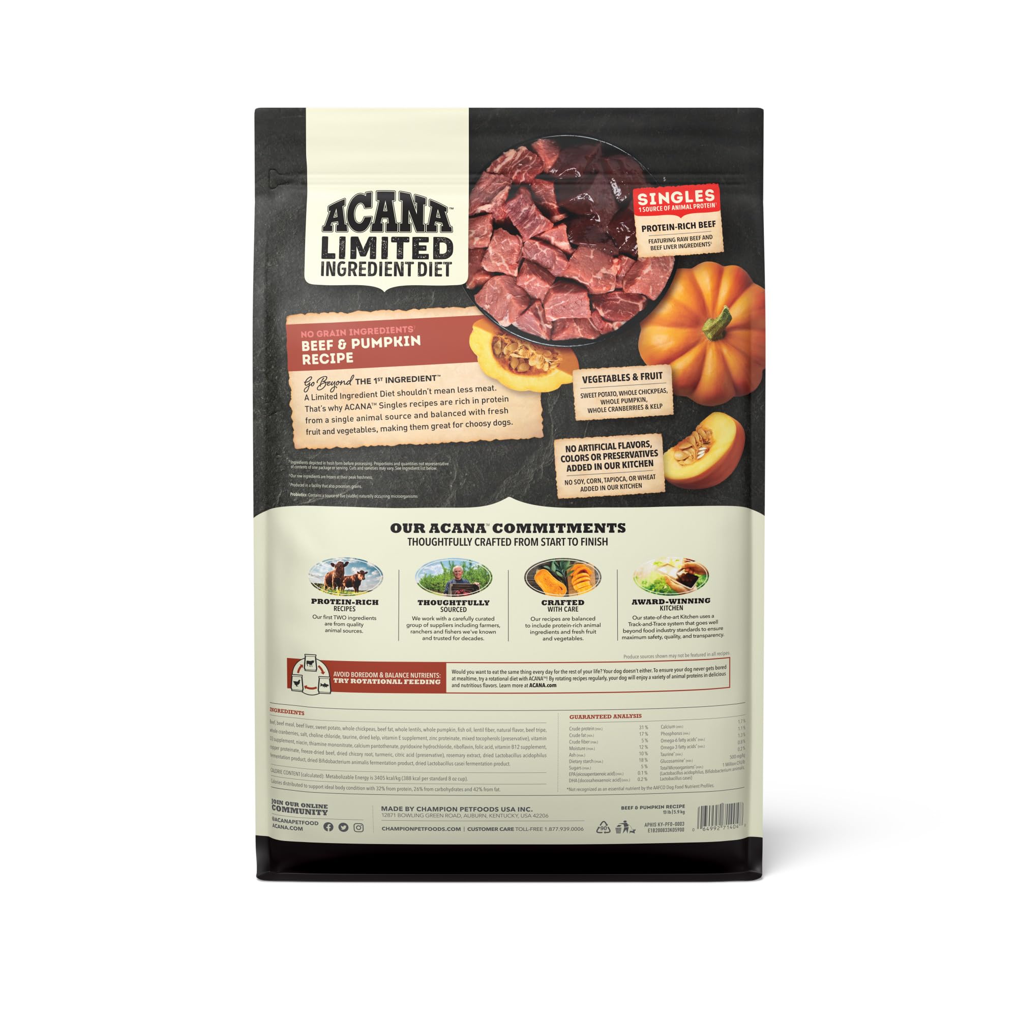 ACANA Singles Limited Ingredient Dry Dog Food, Beef & Pumpkin Recipe, Grain Free Beef Dry Dog Food, 13lb