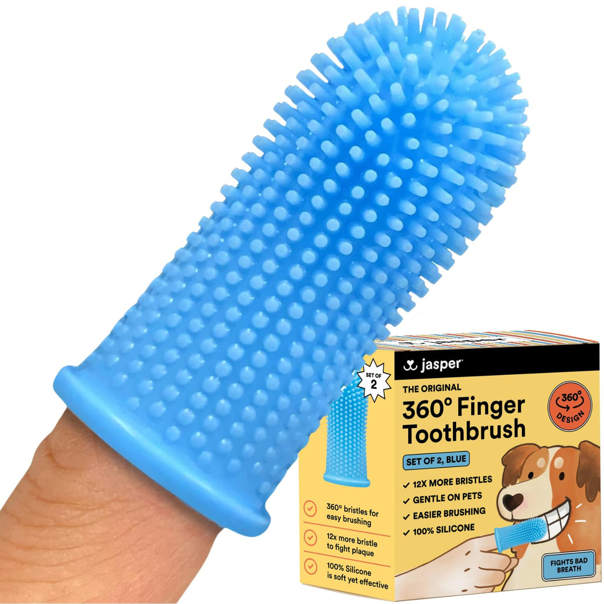 Jasper Dog Toothbrush, 360º Dog Tooth Brushing Kit, Cat Toothbrush, Dog Teeth Cleaning, Dog Finger Toothbrush, Dog Tooth Brush For Small & Large Pets, Dog Toothpaste Not Included - Blue 2-Pack