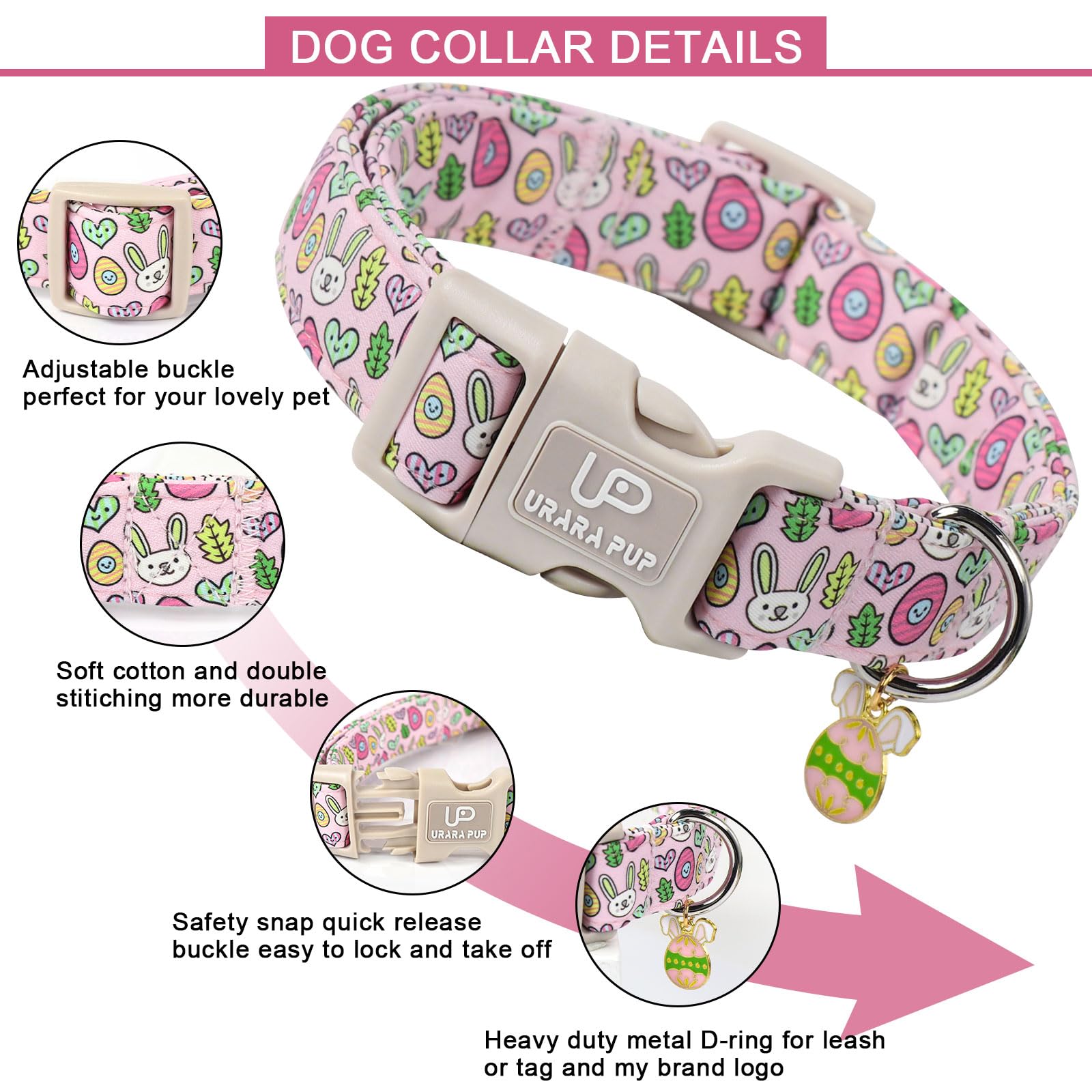 Up Urara Pup Easter Bunny Dog Collar,Cotton Easter Eggs Dog Collar For Girl Boy Puppys,Cute Rabbit Pet Collar With Quick Release